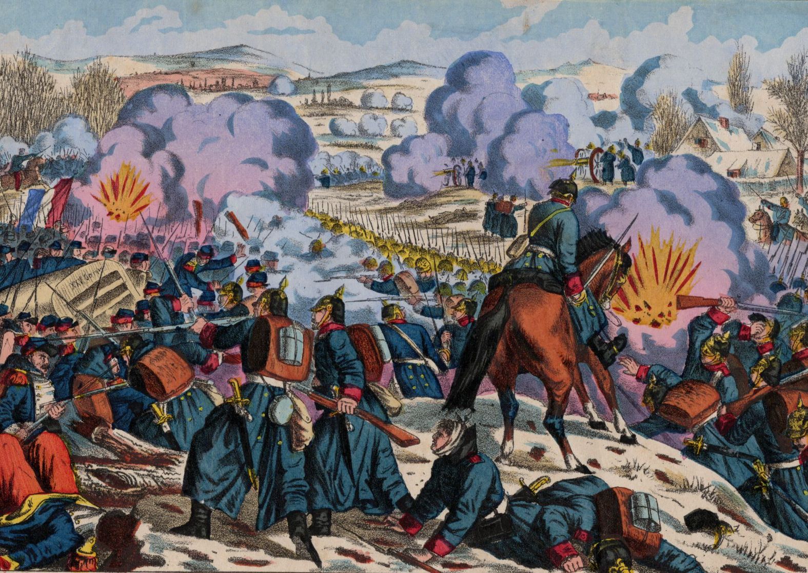 Alte handkolorierte Lithografie um 1870 Die Schlacht bei Le Mans Preußen
