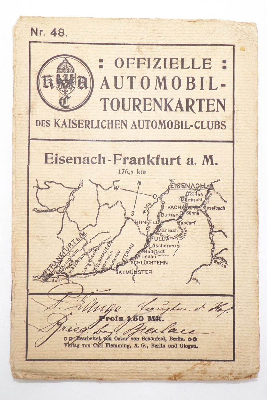Offizielle Automobil Tourenkarte Kaiserliche Automobil Club Eisenach Frankfurt