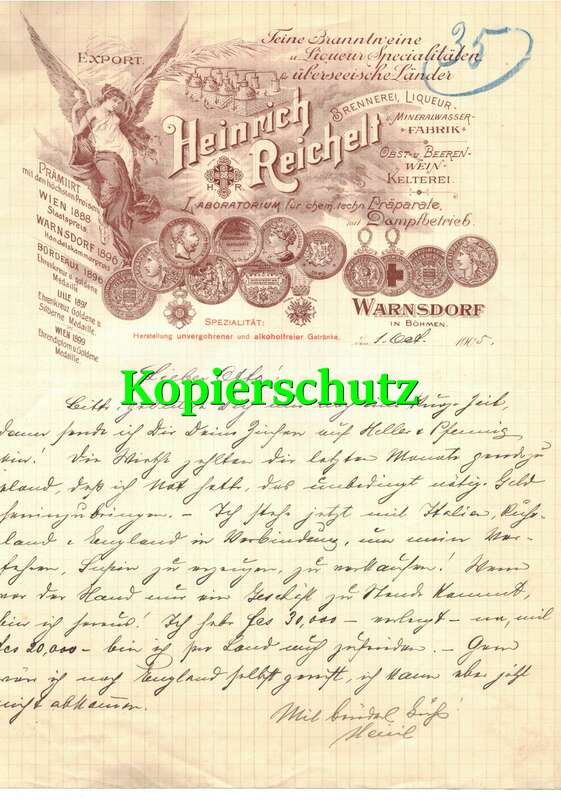 Litho Briefkopf Heinrich Reichelt Warnsdorf 1905 Brennerei Liköre Kelterei 