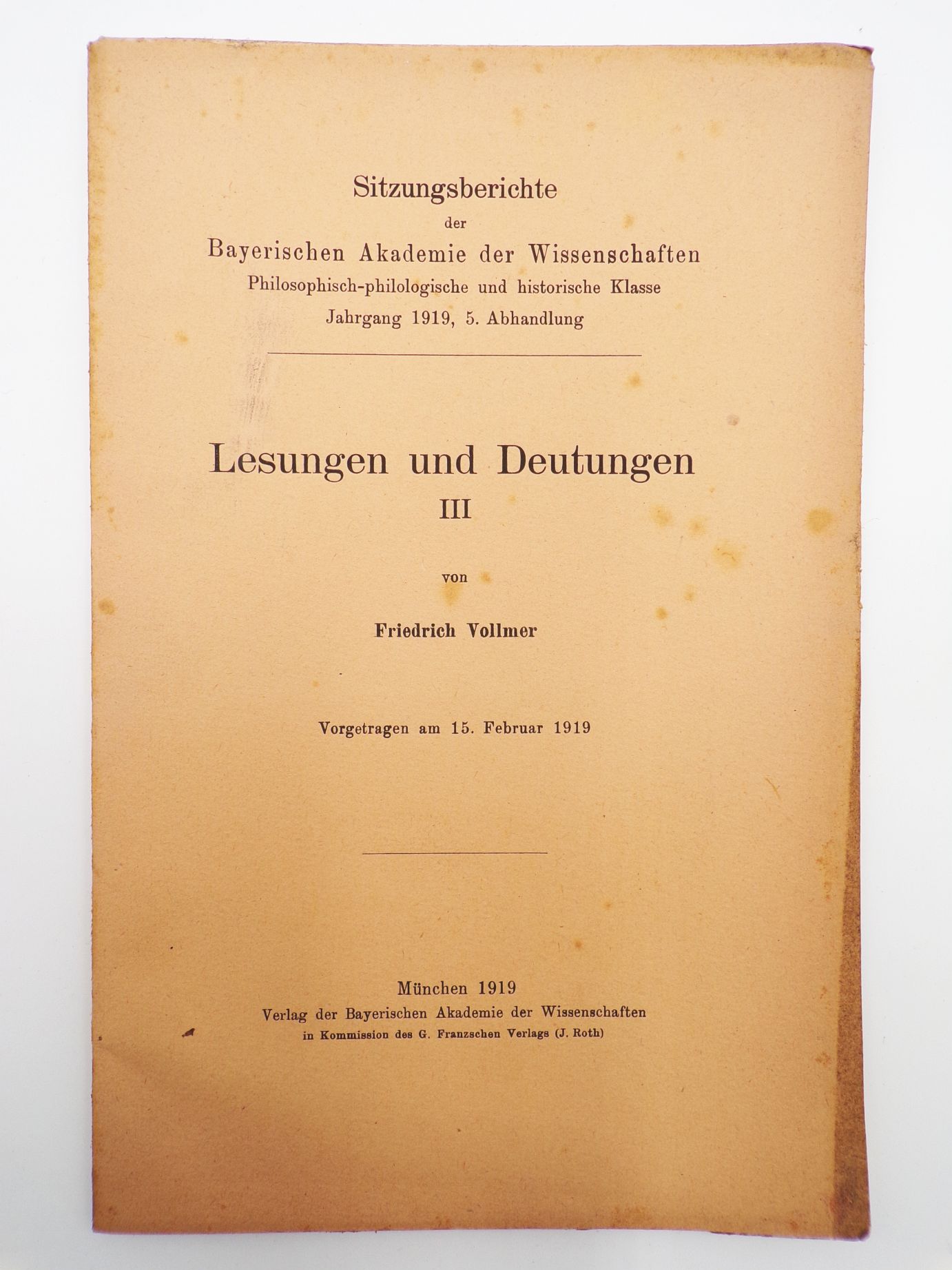 Lesungen und Deutungen III Friedrich Vollmer 1919 Bayerische Akademie 