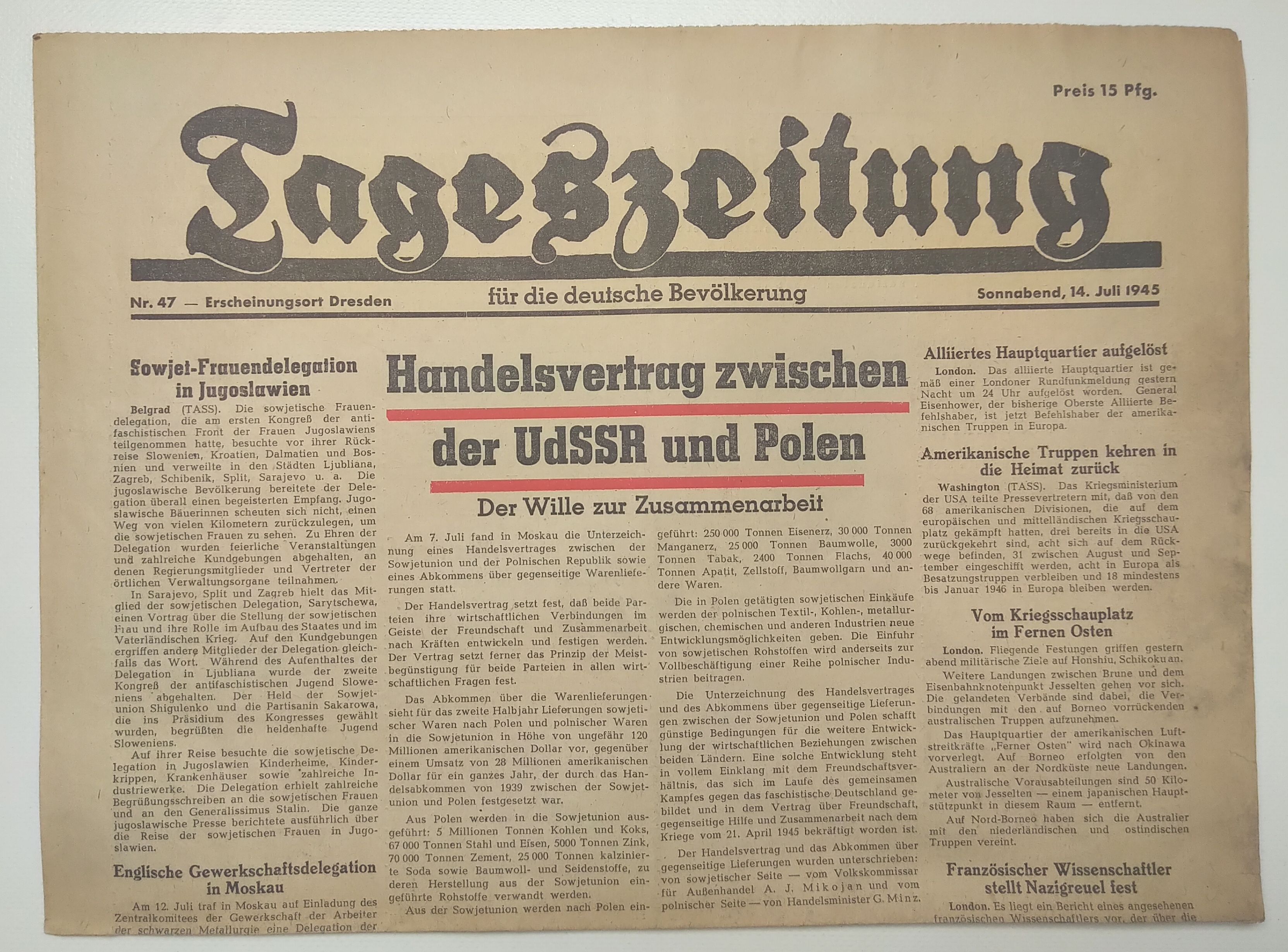 Tageszeitung Handelsvertrag zwischen UdSSR und Polen 1945 Nr 47