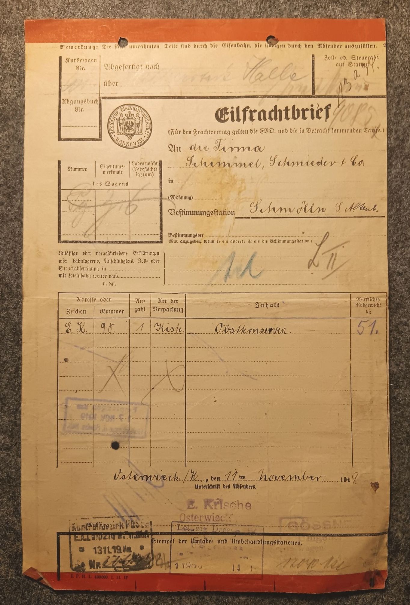 Eilfrachtbrief mit Marken 1919 Osterwieck Schmölln Königliche Eisenbahndirektion Hannover