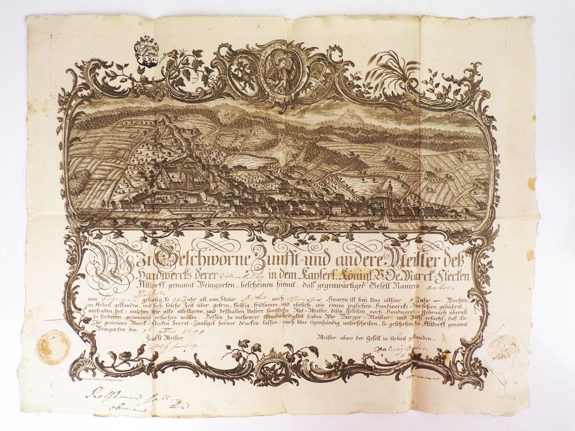 Gesellenbrief Zimmermann 1794 Weingarten Marck Flecken Altdorff Kupferstich