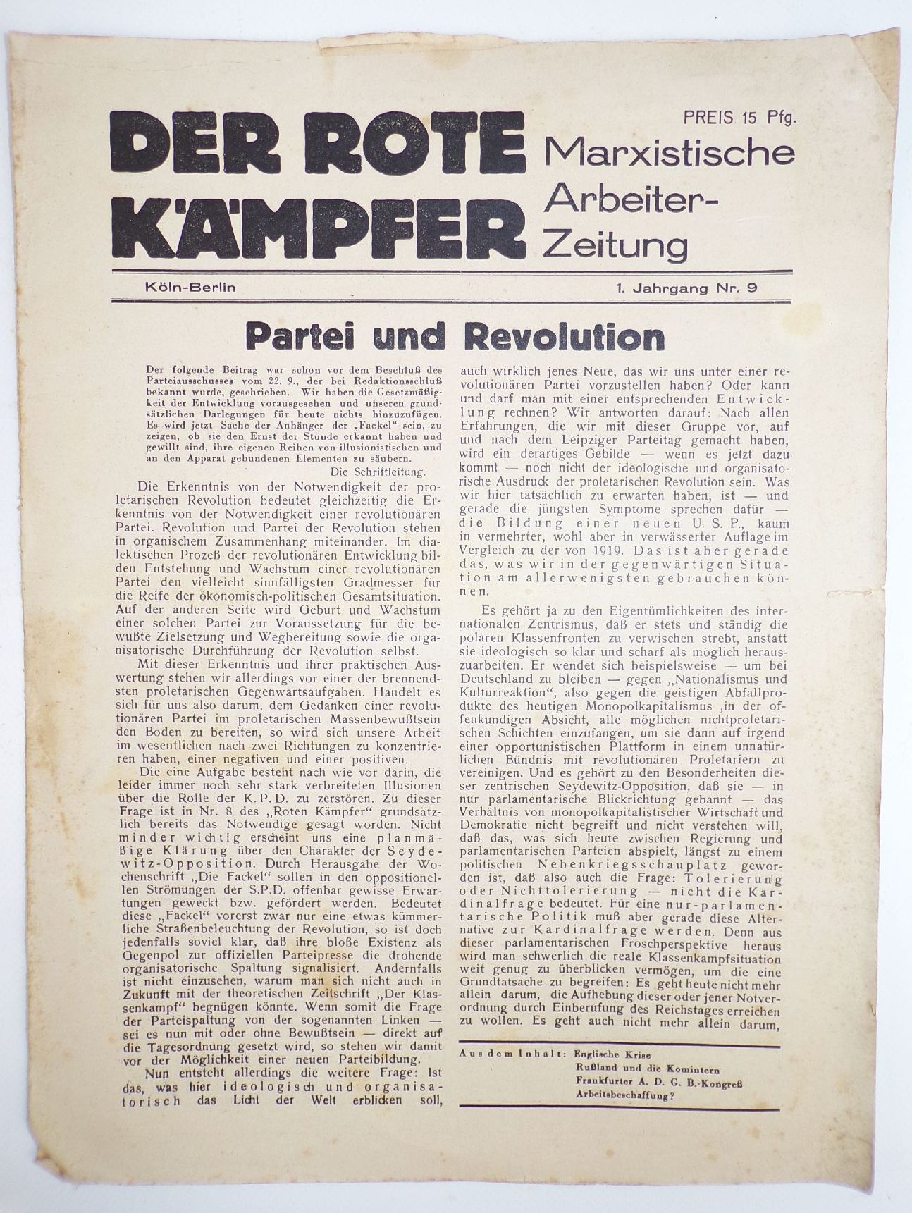 Marxistische Arbeiter Zeitung Der Rote Kämpfer Nummer 9 von 1931 Kommunisten 