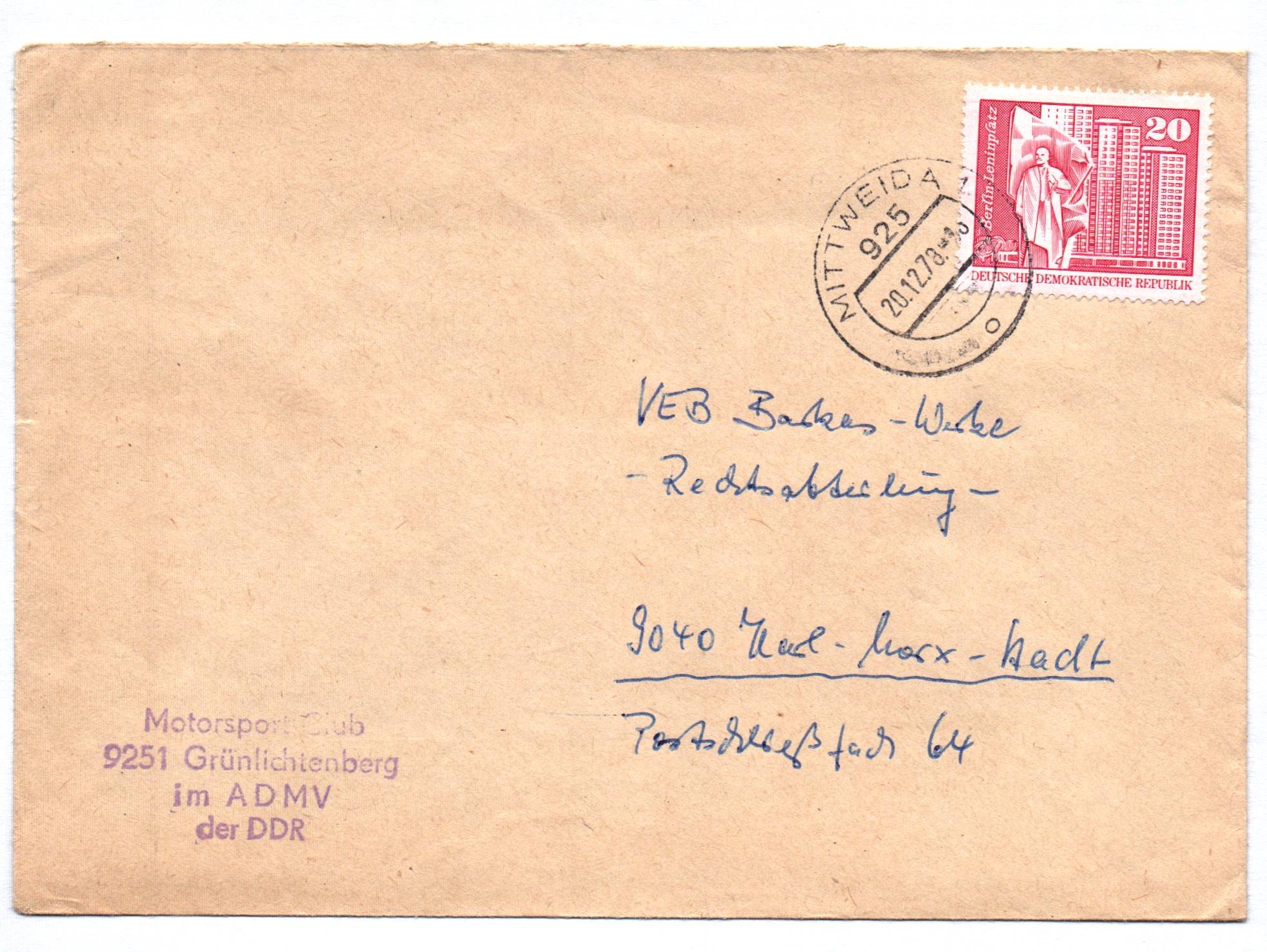 Brief Motorsport Club Grünlichtenberg ADMV 1973 DDR Brief Motorsport Club Grünlichtenberg ADMV 1973 DDR