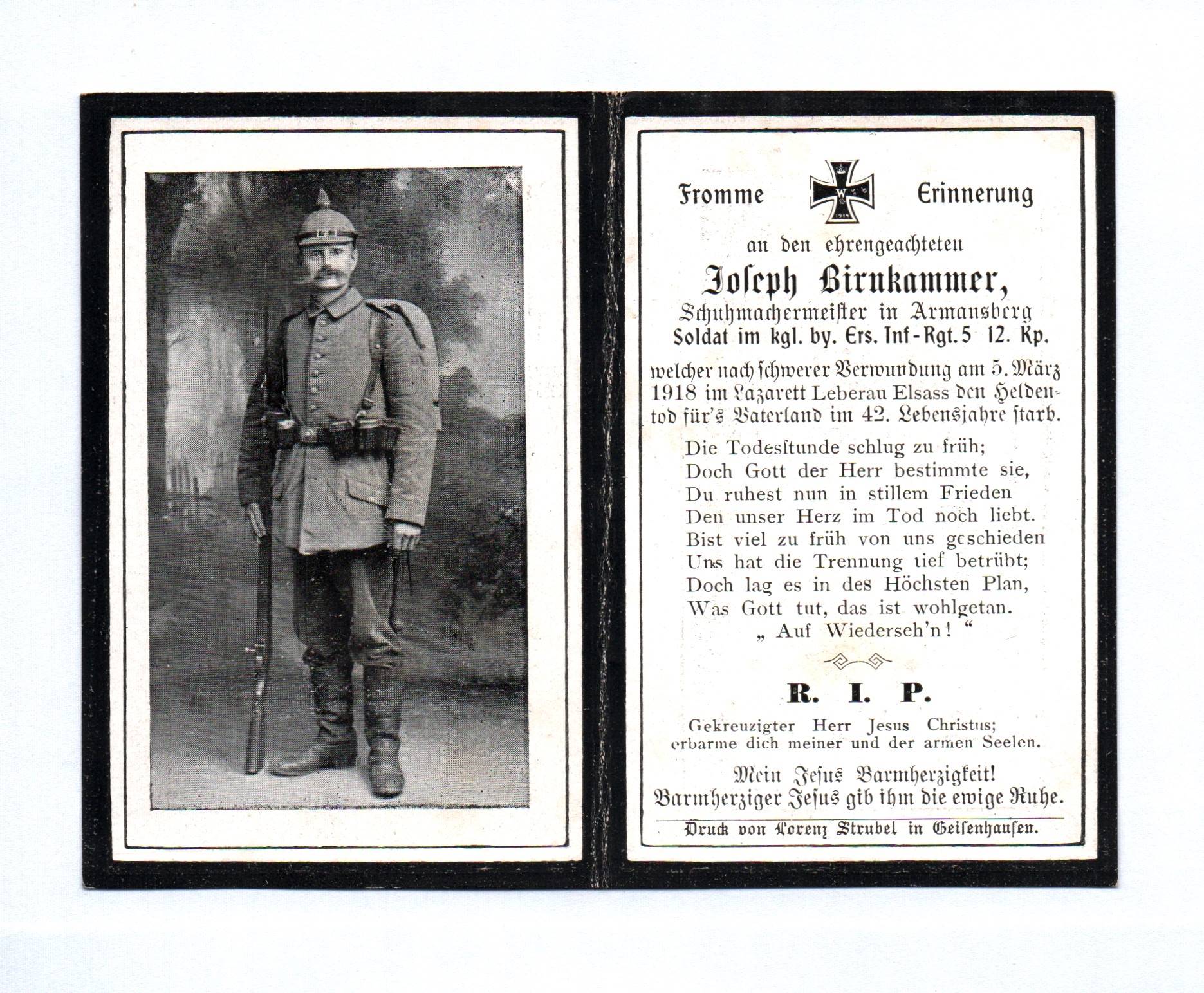 Sterbebild 1918 Soldat Schuhmachermeister kgl Inf Rgt5 12Kp Armansberg