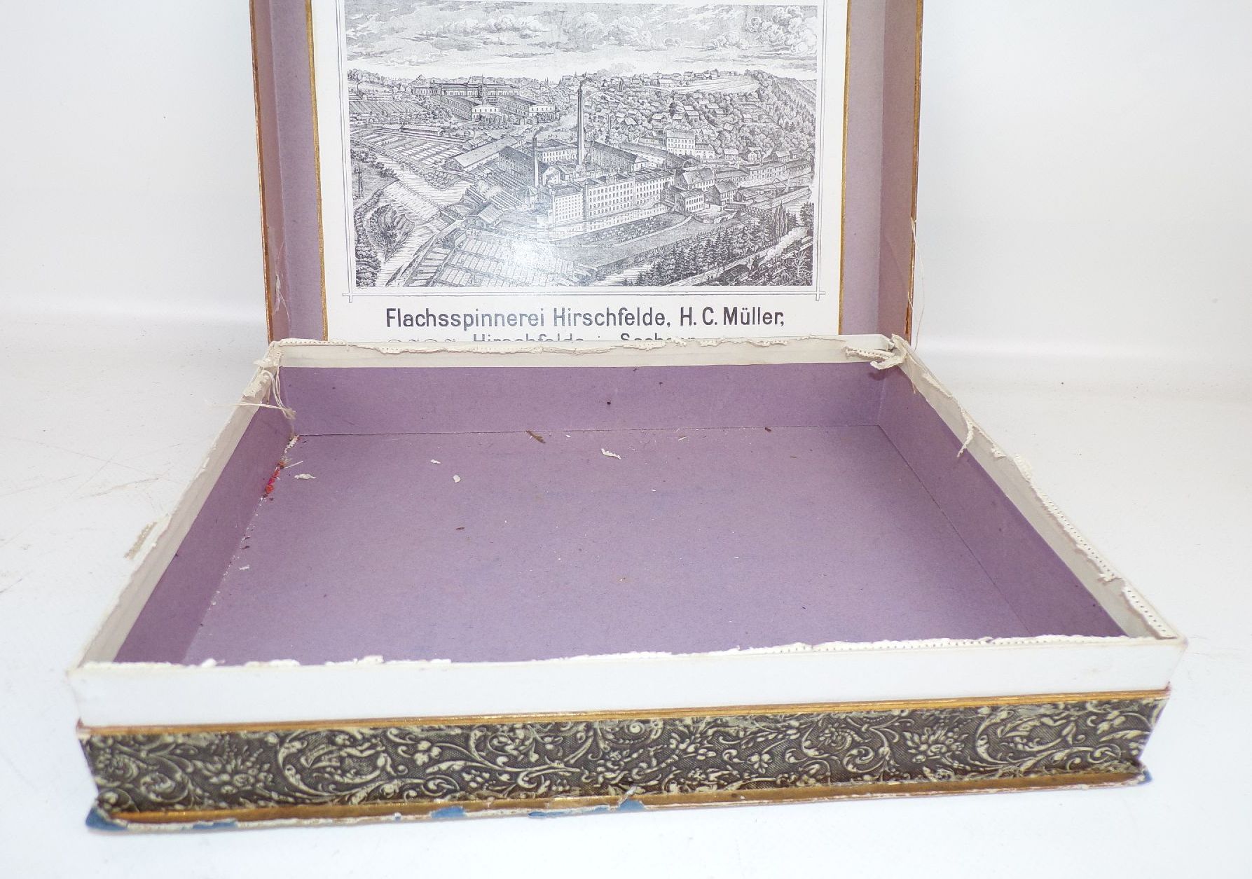 Pappschachtel Flachsspinnerei Hirschfelde Reklame Sammler um 1900 