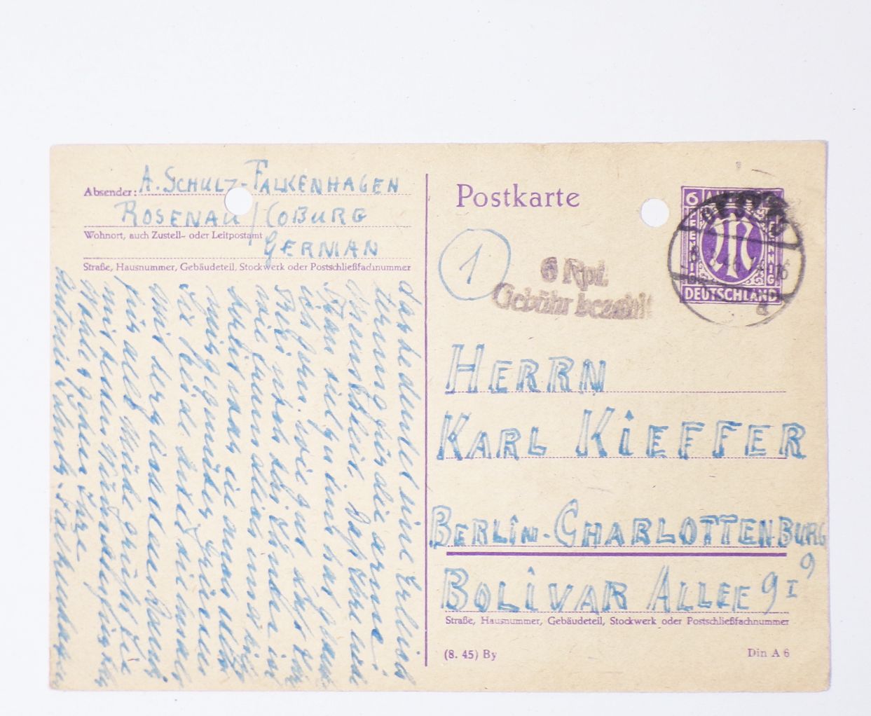 Postkarte AM Post Stempel 6 Rpf Gebühr bezahlt Coburg nach Berlin 1946