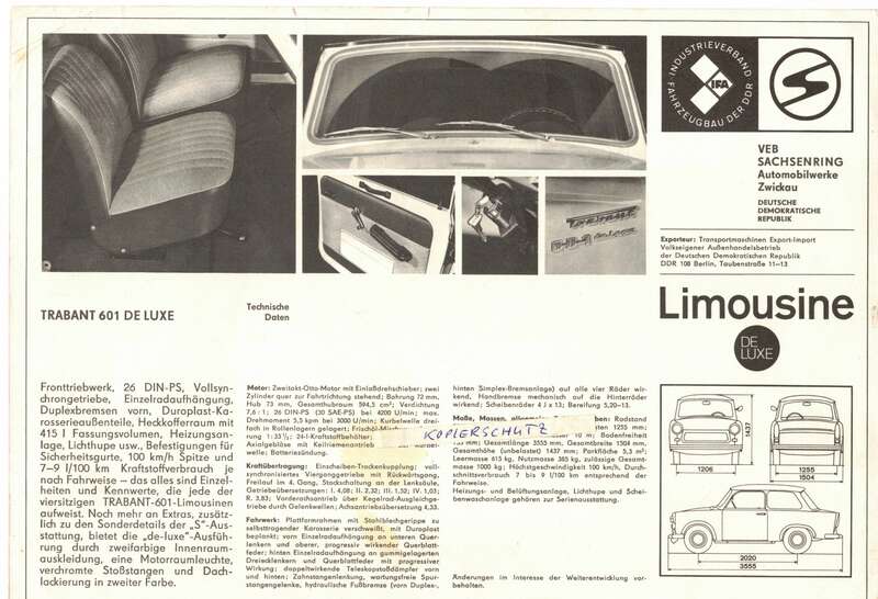 Trabant 601 de Luxe Limousine 1968 Werbeblatt