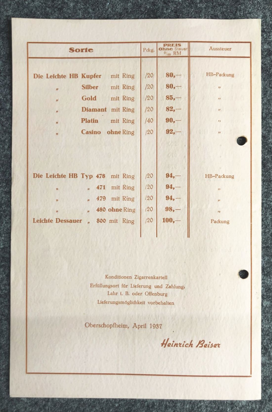 Preisliste Zigarettenfabriken Heinrich Beiser Oberschopfheim 1937