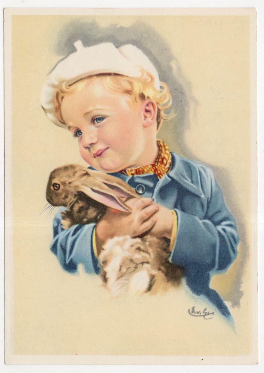 Künstler Ak Bube mit Kaninchen Hasen 1959 
