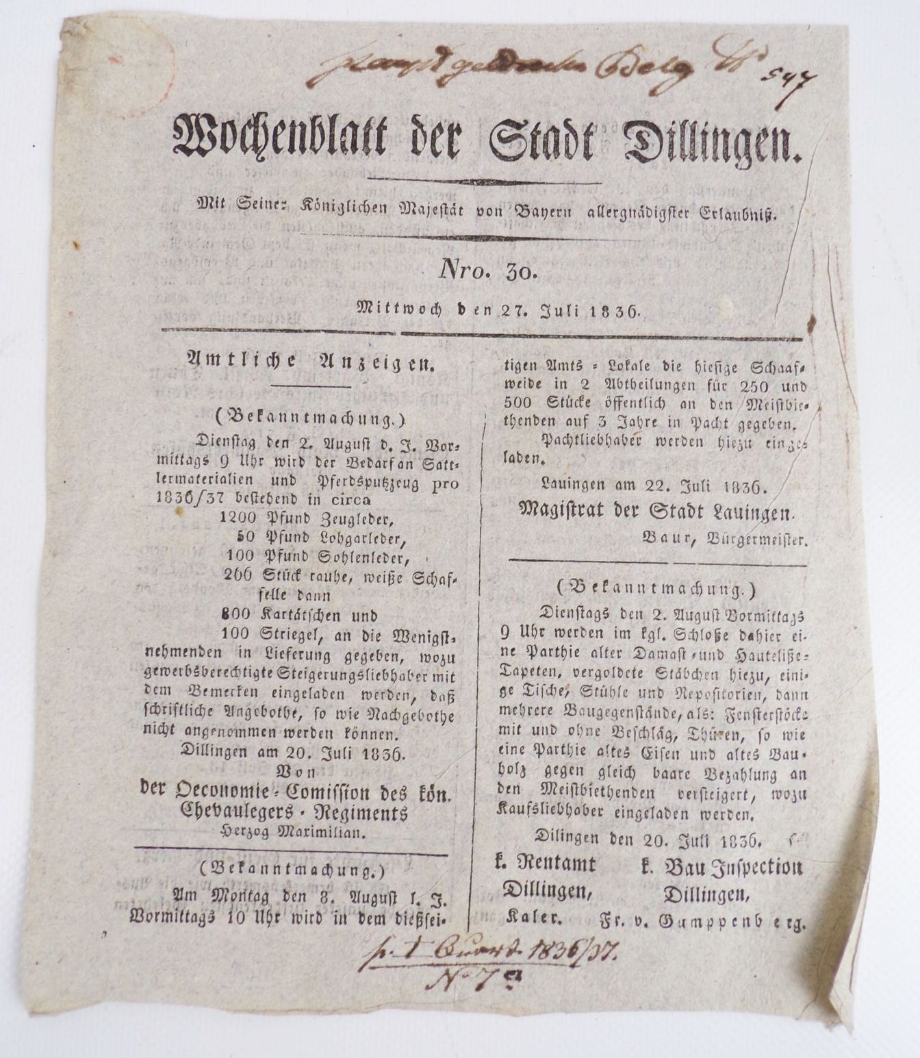 Alte Zeitung Dillinger Wochenblatt 1835 bis 1864 Alte Zeitung Dillinger Wochenblatt 1835 bis 1864