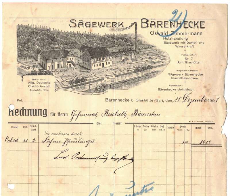 Litho Rechnung Sägewerk Bärenstein O.Zimmermann 1908 !