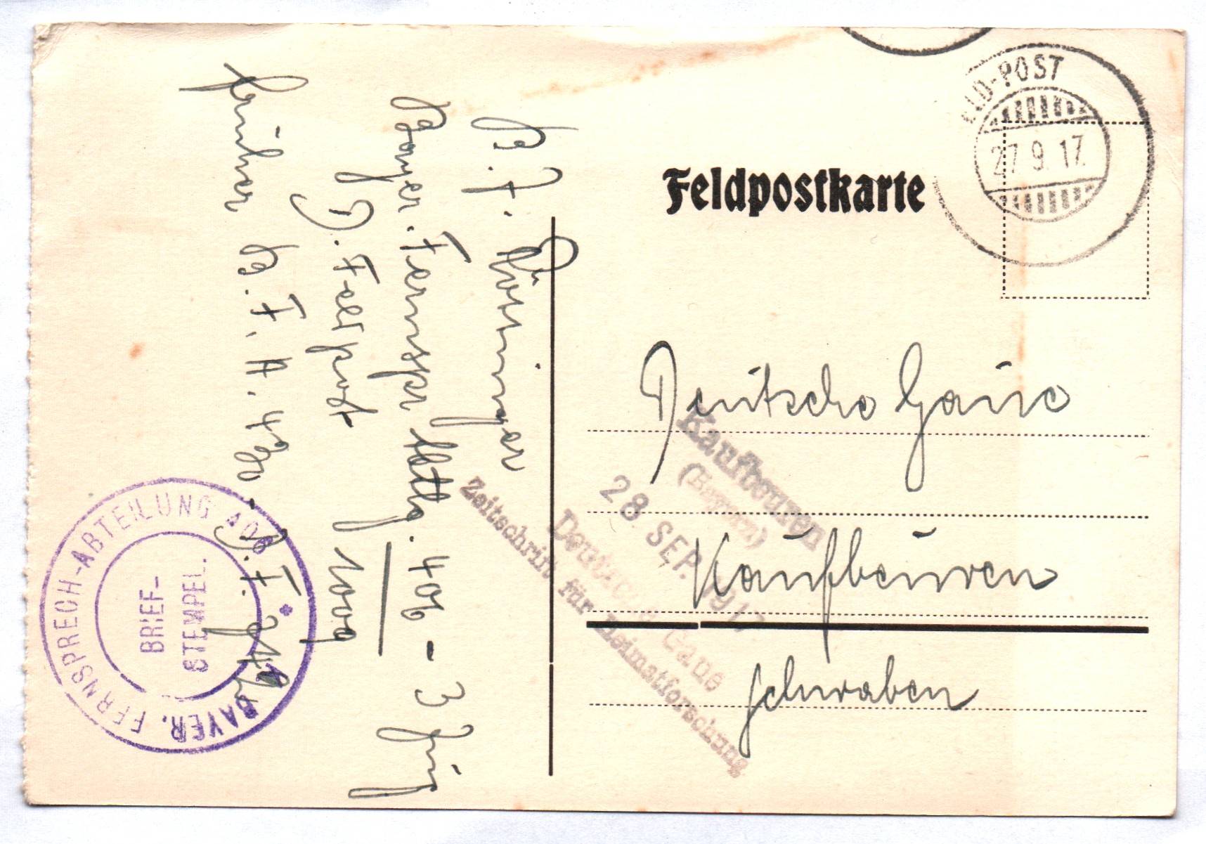 Feldpostkarte kgl bayerische Fernsprech Abteilung 403 Stempel 1917 Weltkrieg