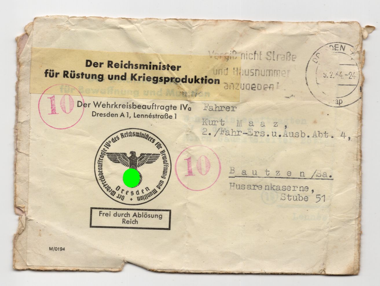 Brief Reichsminister für Rüstung und Kriegsproduktion 1944 Dresden