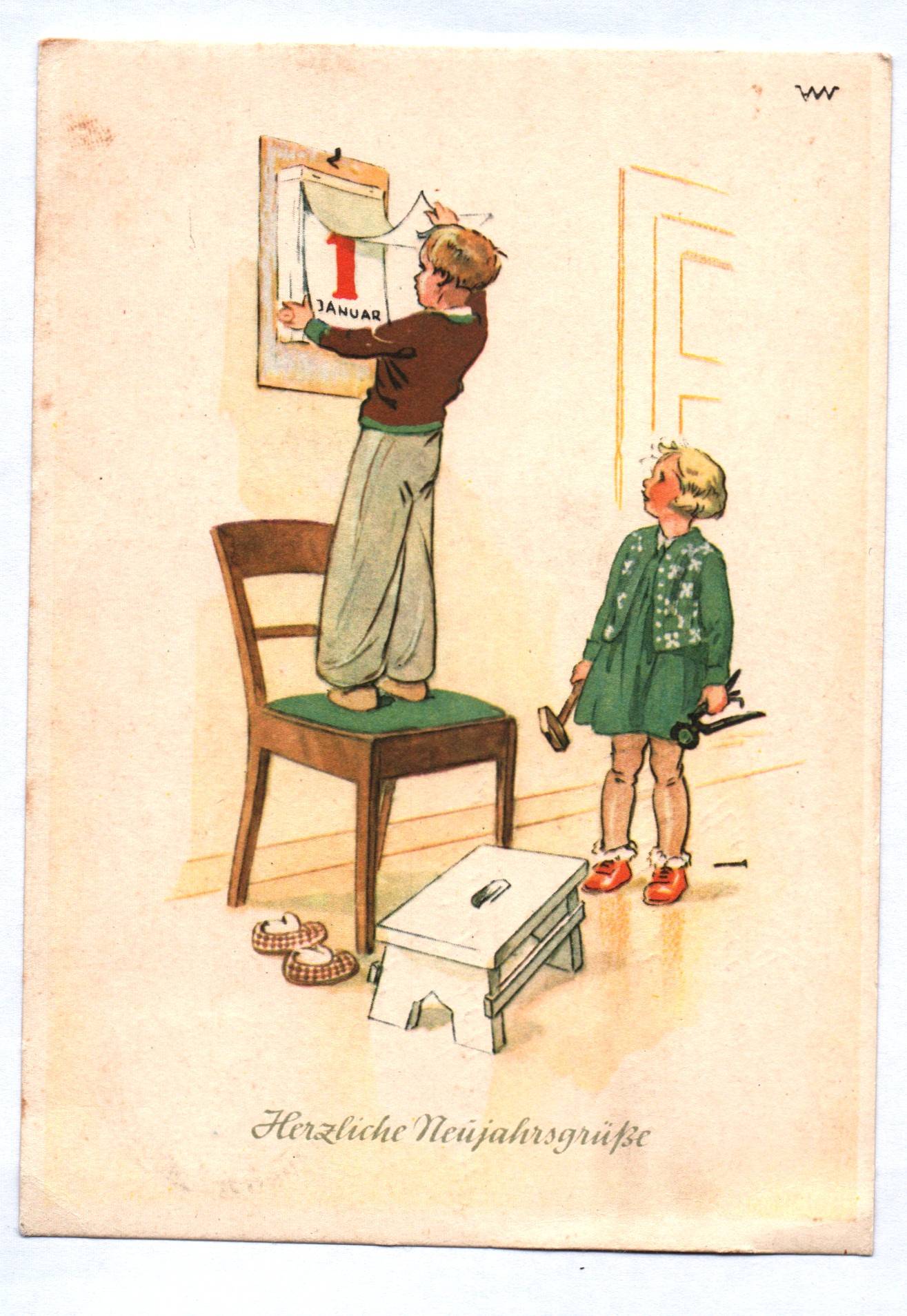 Künstler Ak Kinder mit Kalender Herzliche Neujahrsgrüße 1955