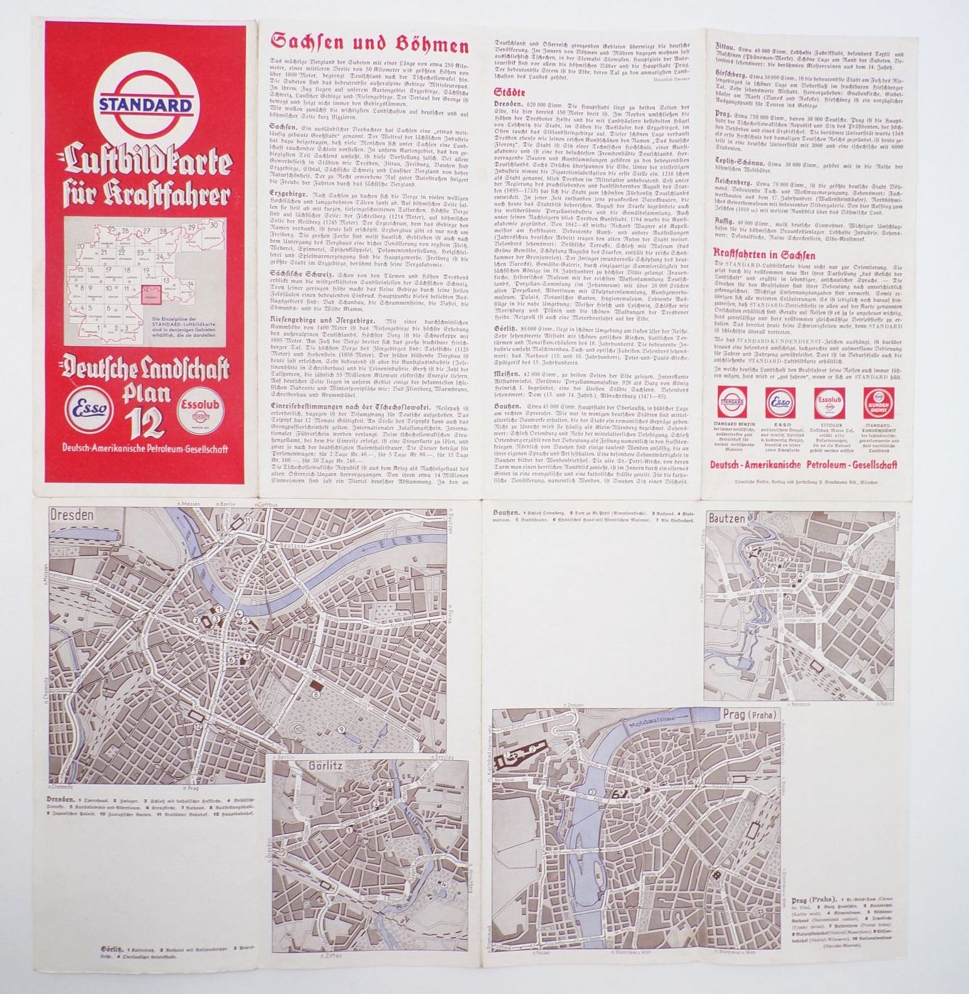 Standard Luftbildkarte für Kraftfahrer Dresden Plan 12 Esso Reklame um 1930 Sachsen Böhmen