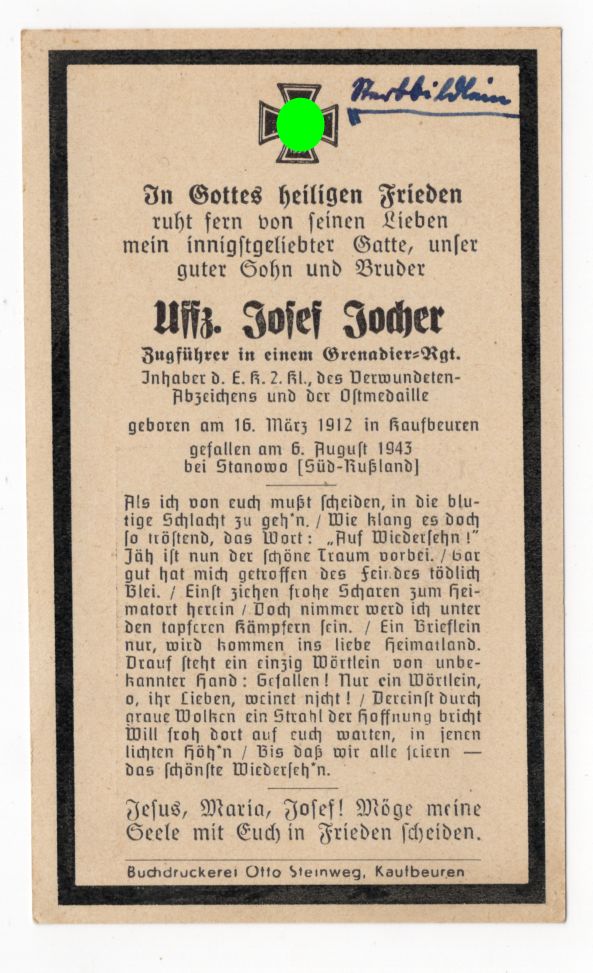 Sterbebild 2 Wk Zugführer Grenadier Regiment Inhaber EK1 EK2 Verwundetenabzeichen Ostmedaille Stanowo Rußland gef 1943