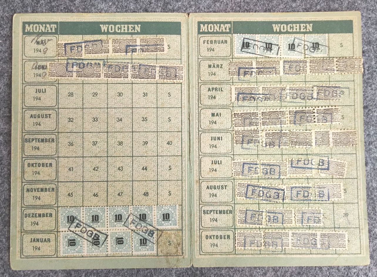 Mitgliedskarte Freier Deutscher Gewerkschaftsbund 1948 FDGB Mitgliedskarte Freier Deutscher Gewerkschaftsbund 1948 FDGB
