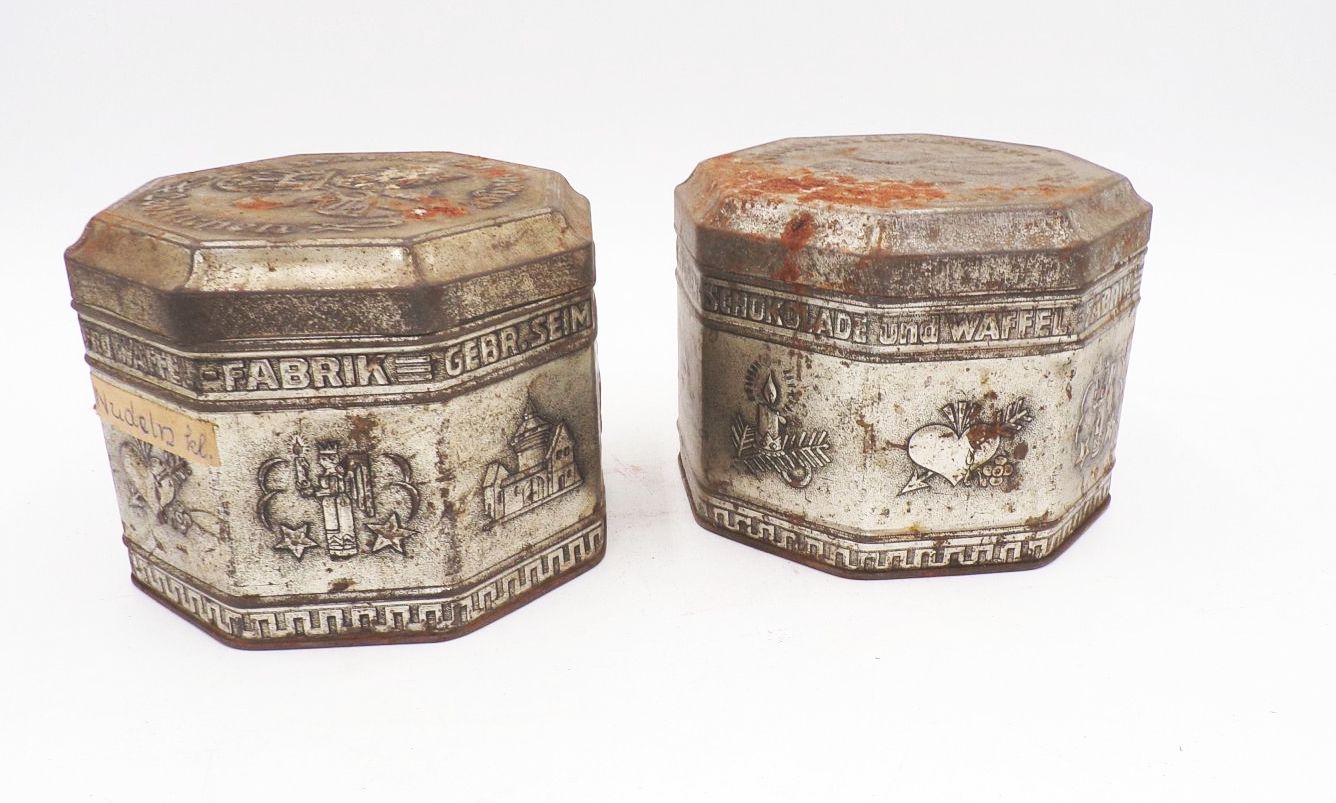 2 alte Blechdosen Gebrüder Seim Nürnberg Lebkuchen Schokolade 1930er 