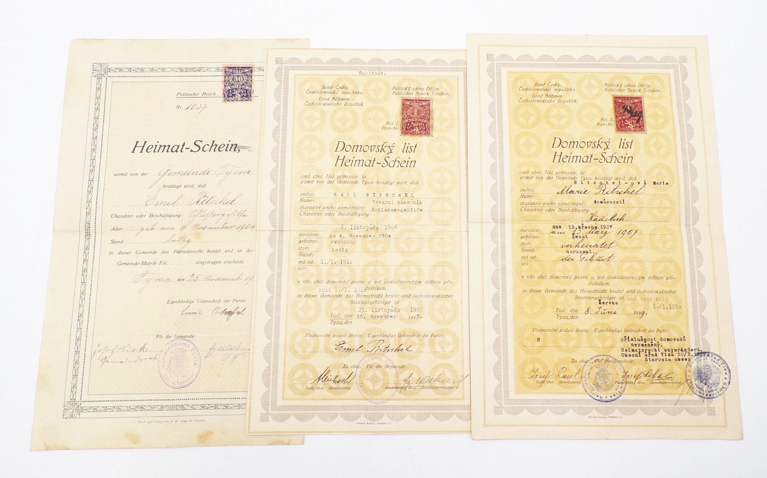 Heimatschein Tyssa 1922 1929 Dokumente 3 Stück
