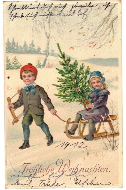 Präge Ak Kinder mit Schlitten und Tannenbaum Fröhliche Weihnachten 1912 