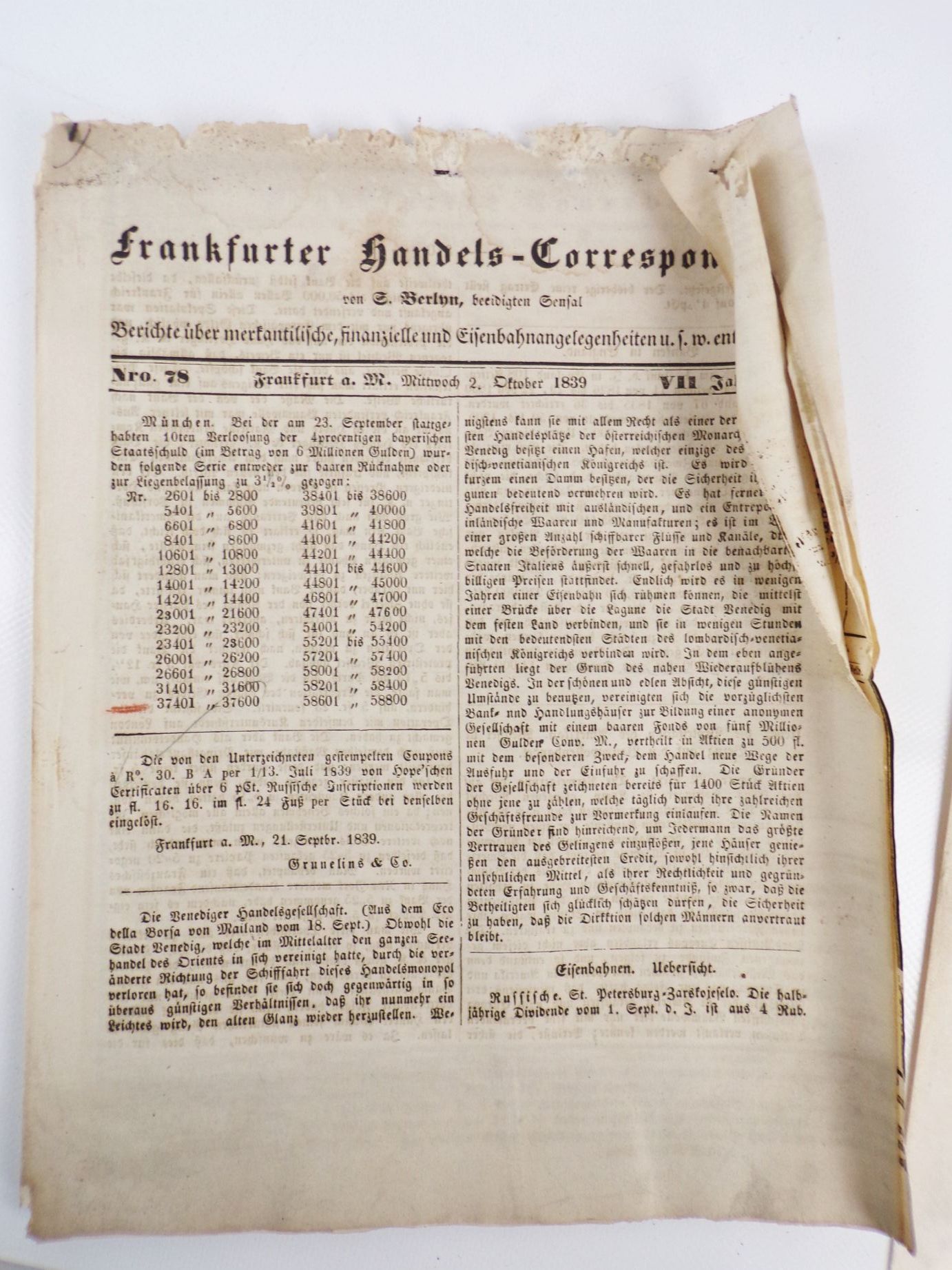 Frankfurter Handels Correspondent Eisenbahn 1839 bis 1845 Zeitung