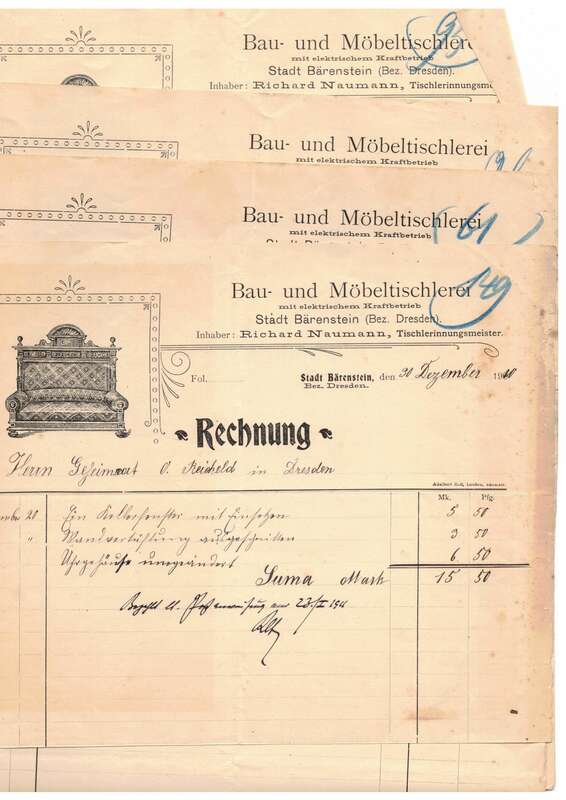 Litho Rechnung Bau Möbeltischlerei Bärenstein Richard Naumann 5 Stück 1910 