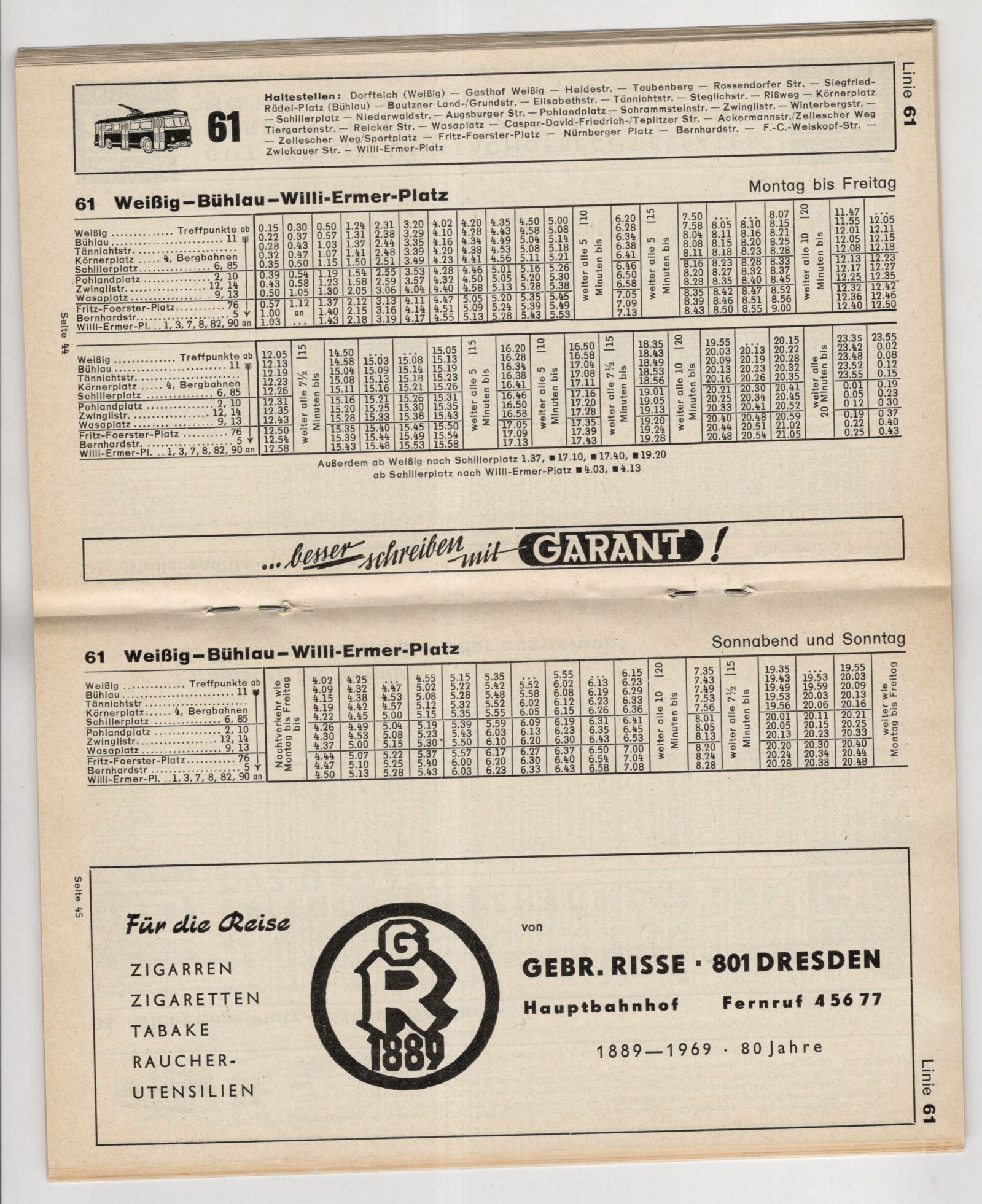 Sommer Fahrplan Information Verkehrsbetriebe Dresden 1969 Sommer Fahrplan Information Verkehrsbetriebe Dresden 1969