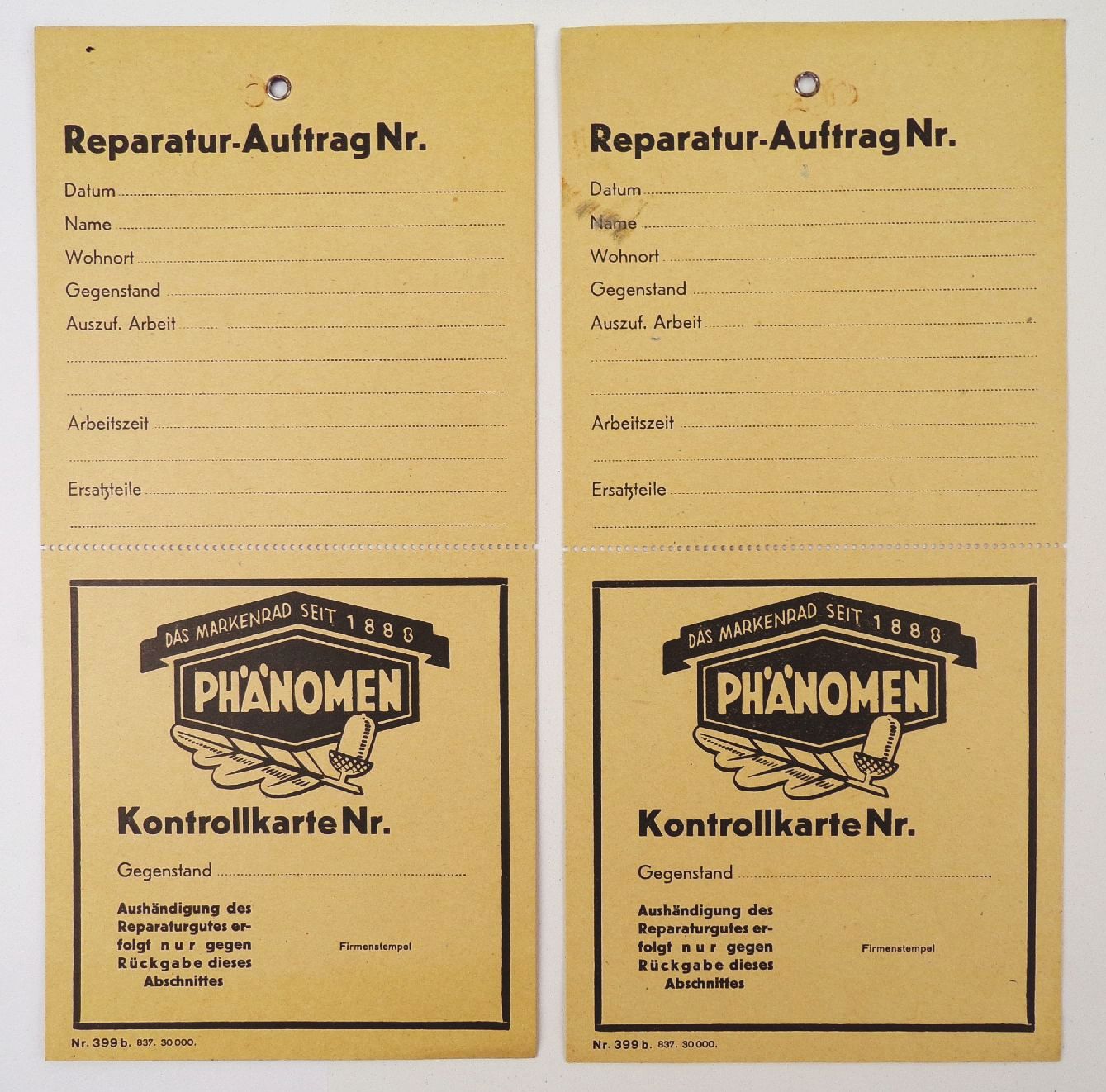 2 x Phänomen Kontrollkarte blanko Reklame 1930 er 