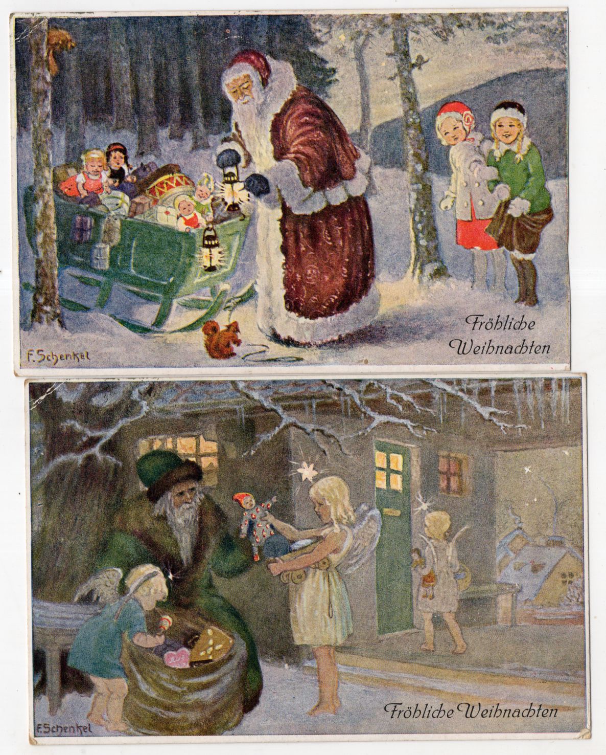 Franziska Schenkel Ak 2 Stück Weihnachtsmann fröhliche Weihnachten 