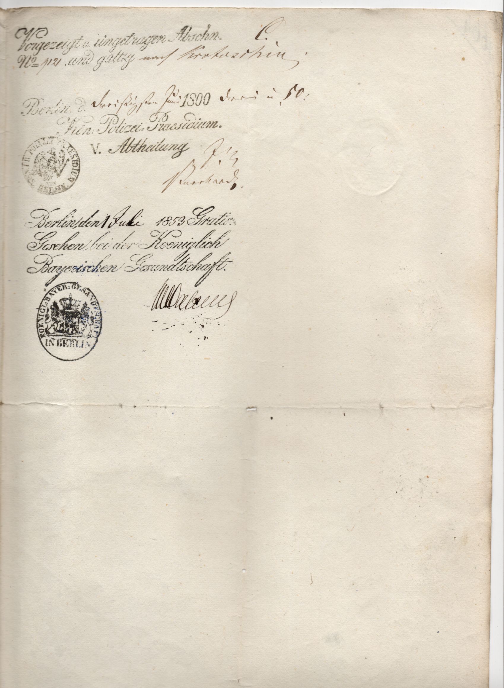 Königreich Bayern Reisepass 1853