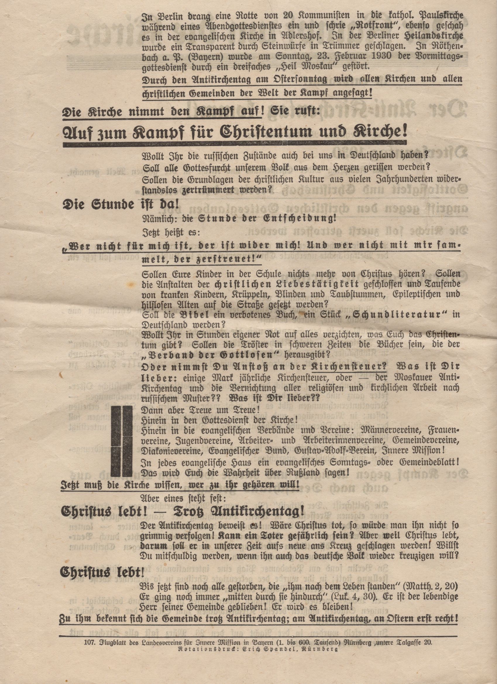 Flugblatt Der Kampf um die Kirche 1930 Landesverein Innere Mission in Bayern