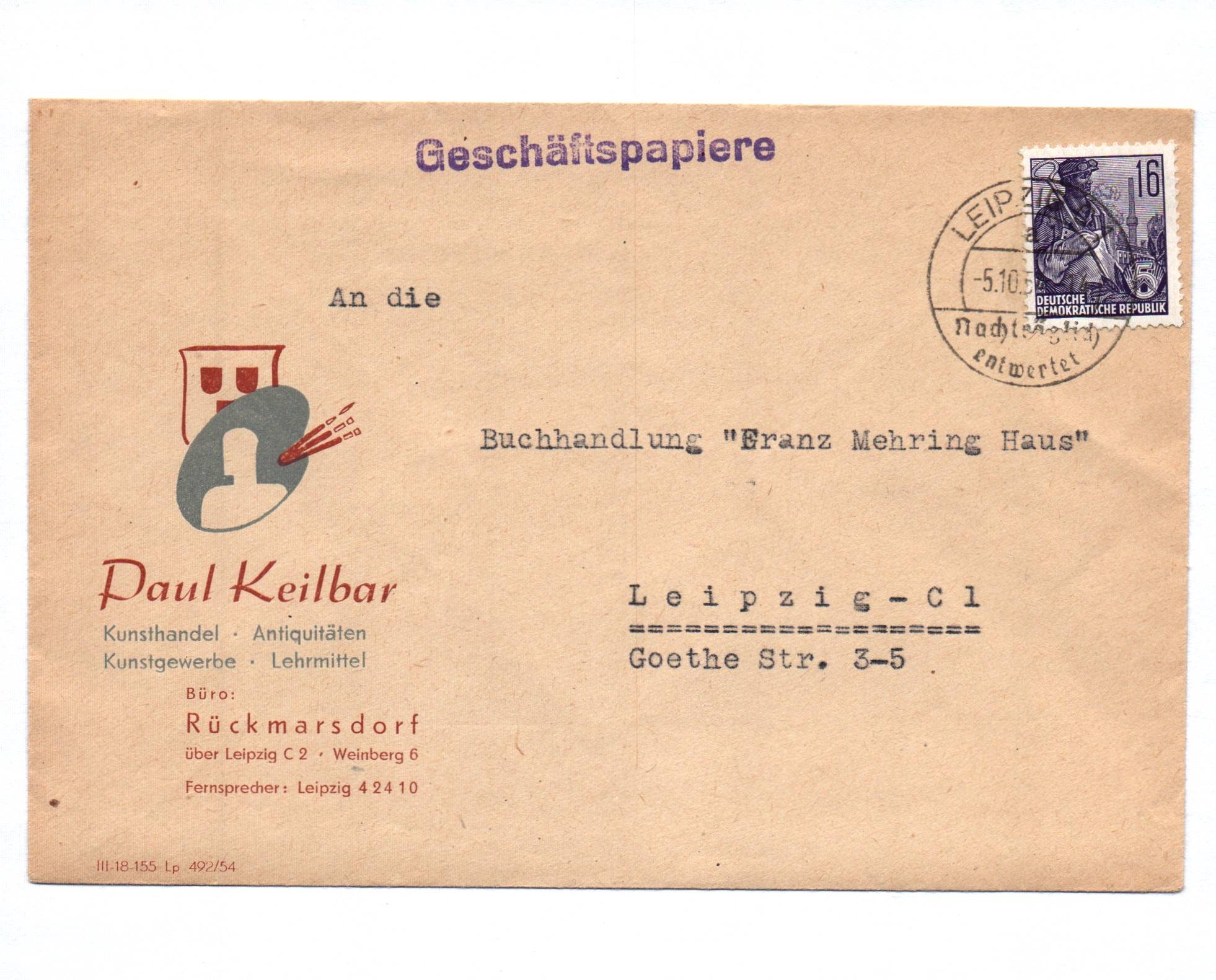Firmenbrief Kunsthandel Antiquitäten 1954 Rückmarsdorf