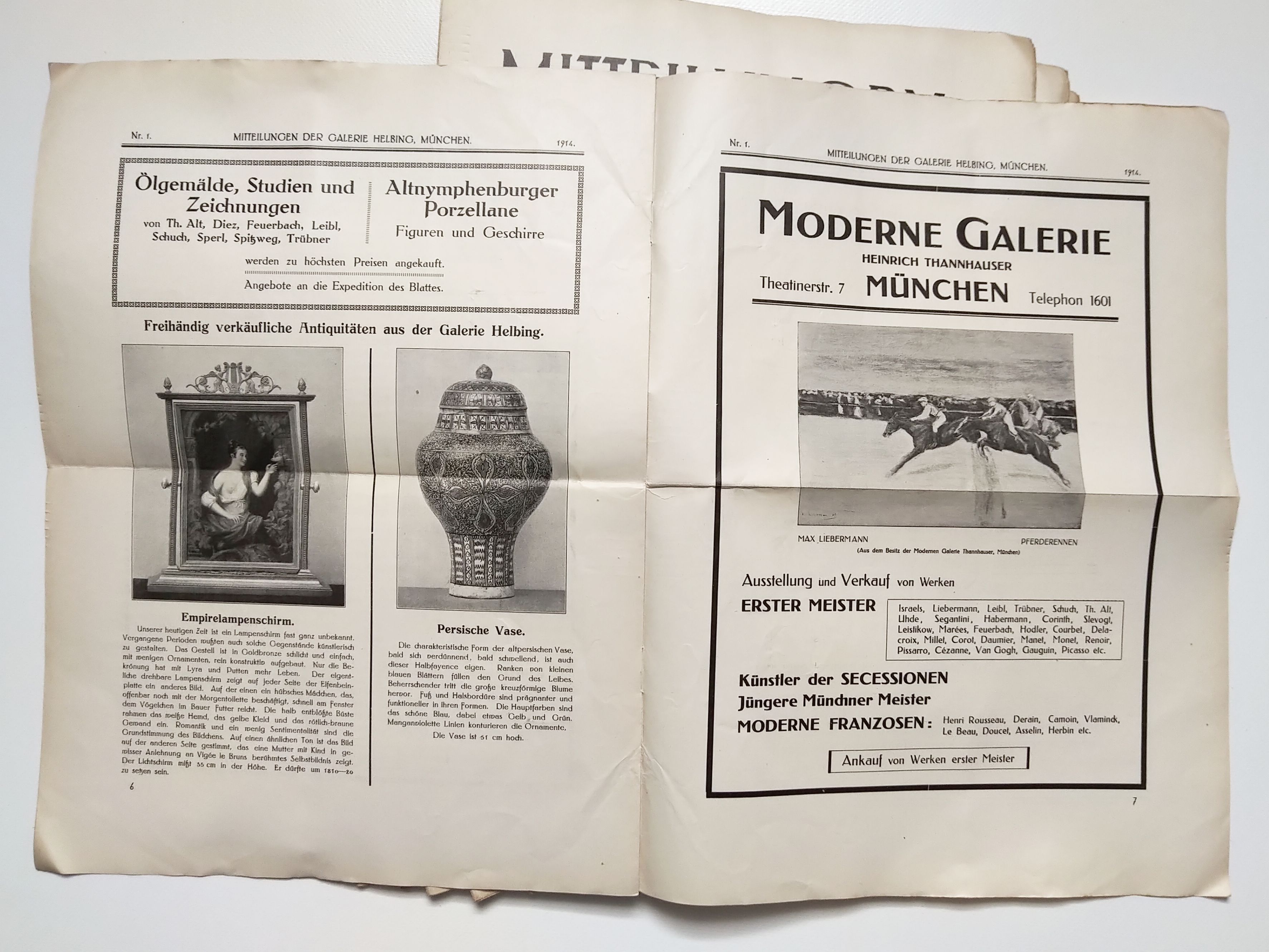 Alte Zeitungen 3 Jahrgang 1914 Mitteilungen der Galerie Helbing München