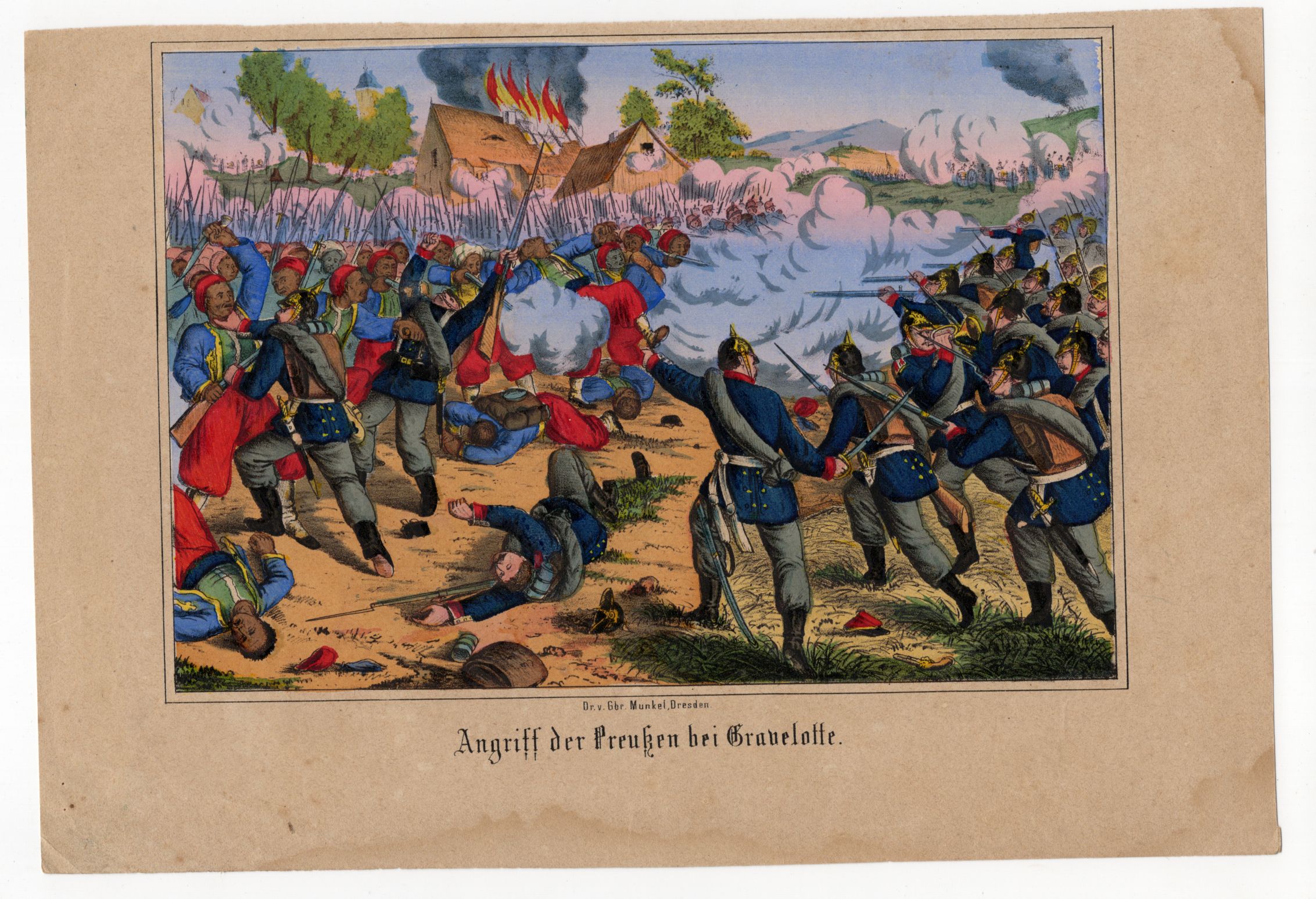 Lithografie Angriff der Preußen bei Gravelotte um 1870 koloriert 