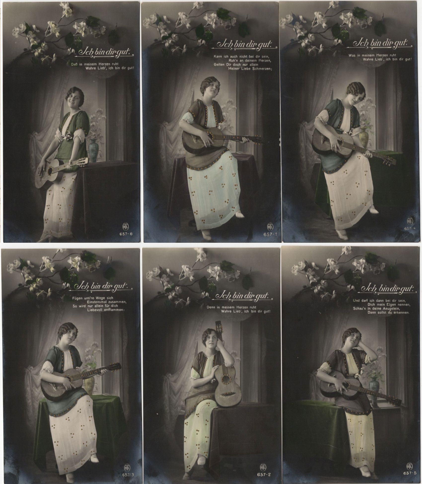 Kitsch Ak Frau mit Gitarre Ich bin dir gut 1 Wk Serie 6 Stück