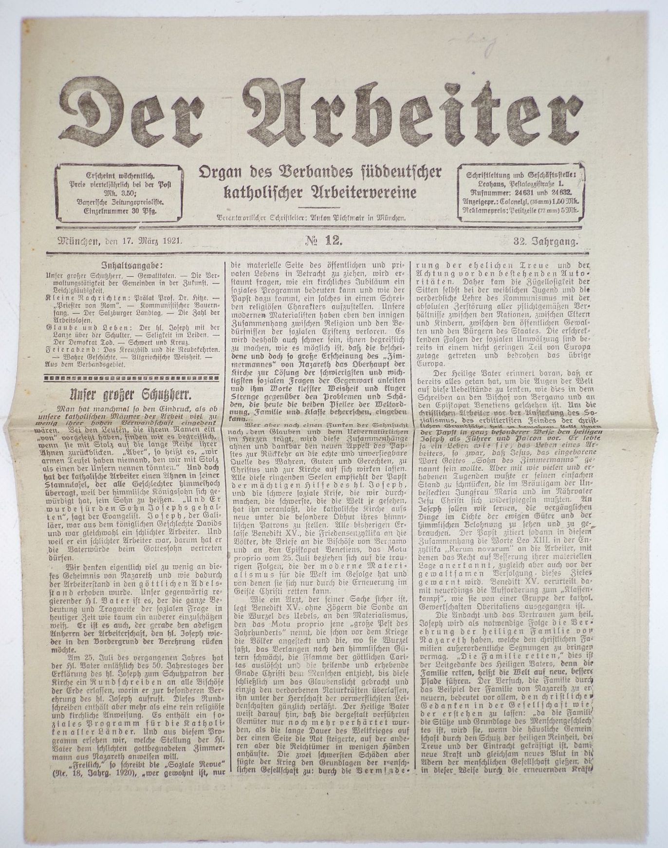Alte Zeitung Der Arbeiter süddeutscher katholischer Arbeiterverein 12 von 1921 