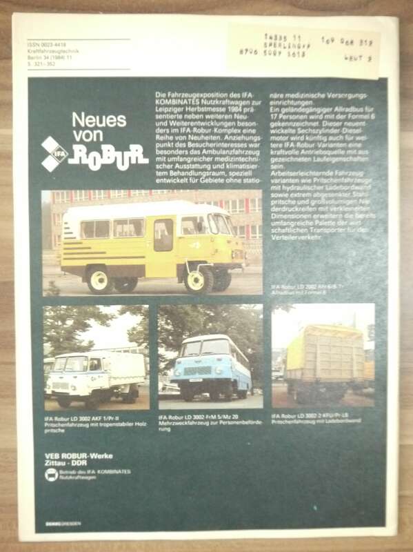 Neues von IFA Robur KFT Heft November 1984 Internationale Nutzfahrzeugtechnik
