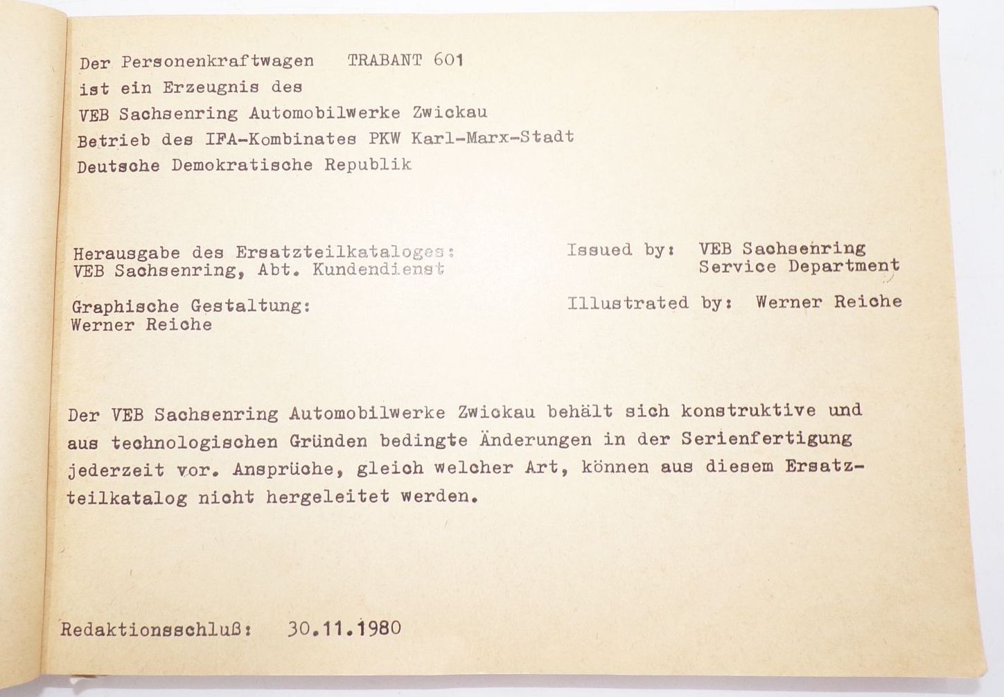 Trabant 601 Ersatzteilkatalog VEB Sachsenring Zwickau 