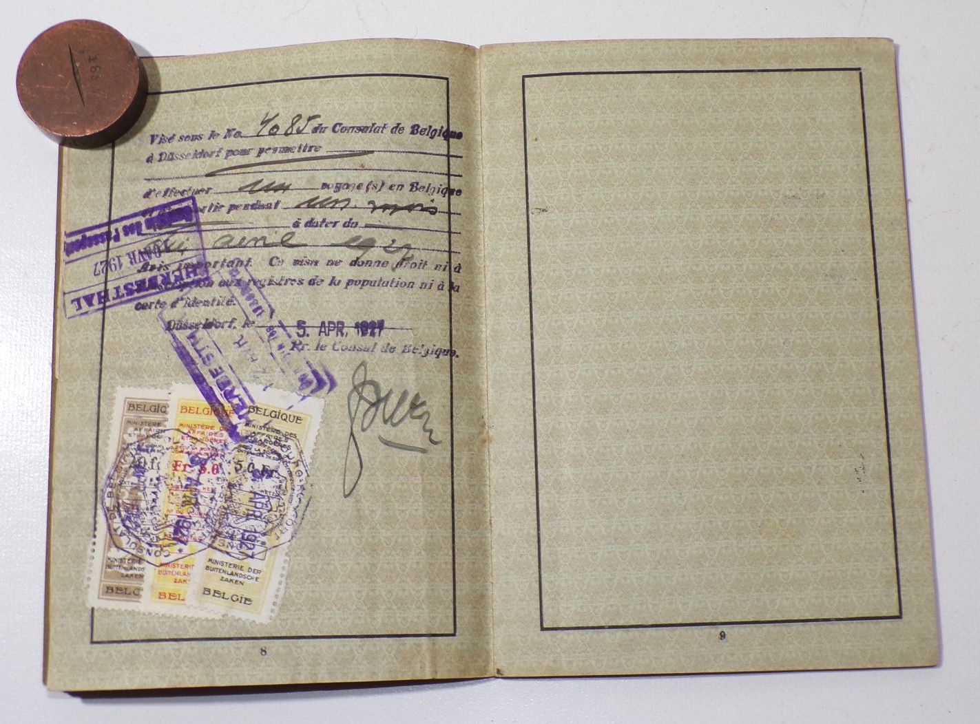 Deutsches Reich Reisepass 1927 Belgien Holland Marken