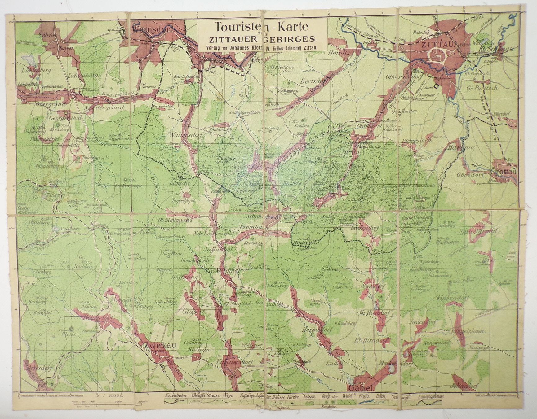 Alte Landkarte Zittauer Gebirge Leinenkarte Sachsen map Touristenkarte