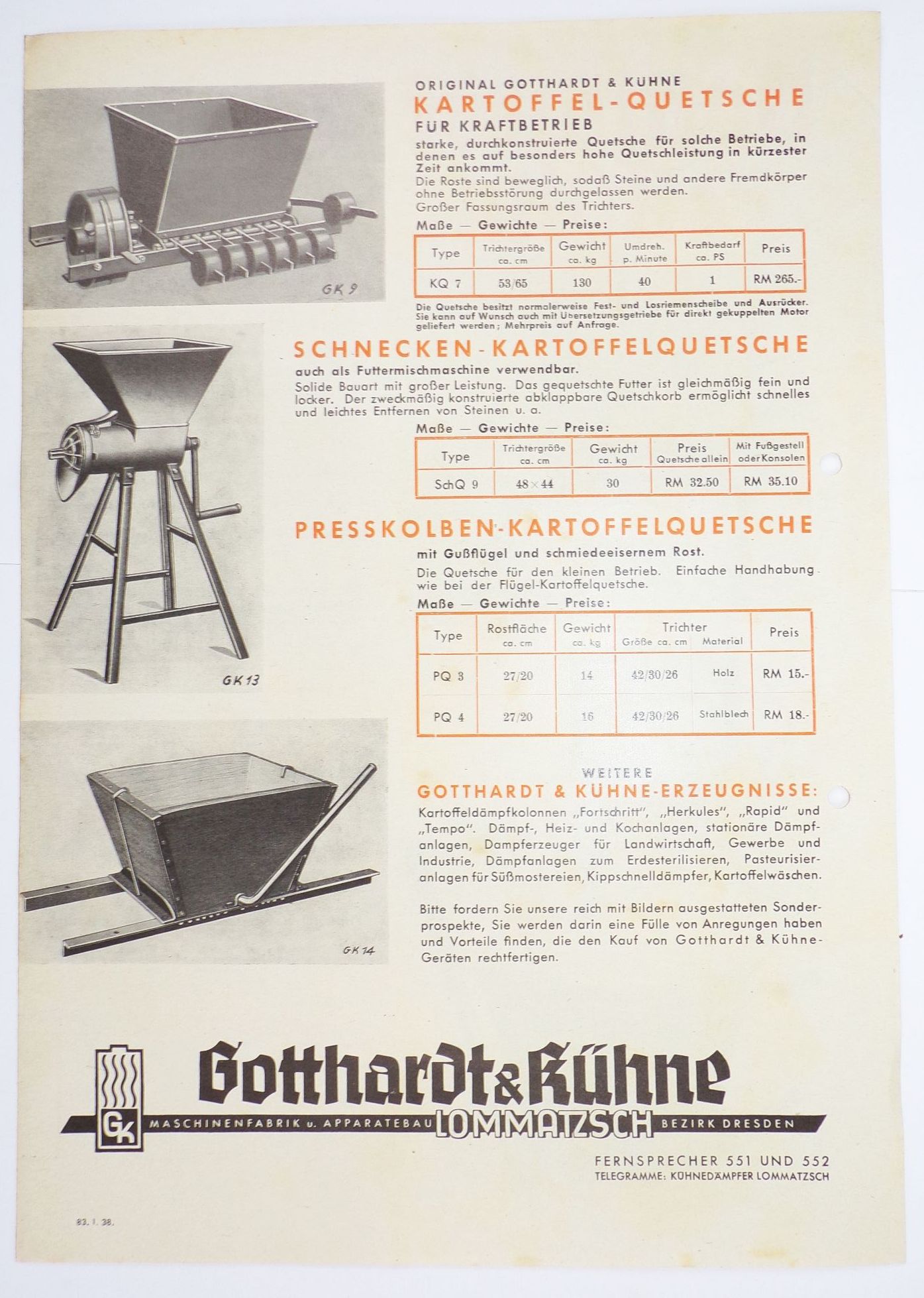 Gotthardt u Kühne Lommatzsch Werbe Druck Blatt 1938