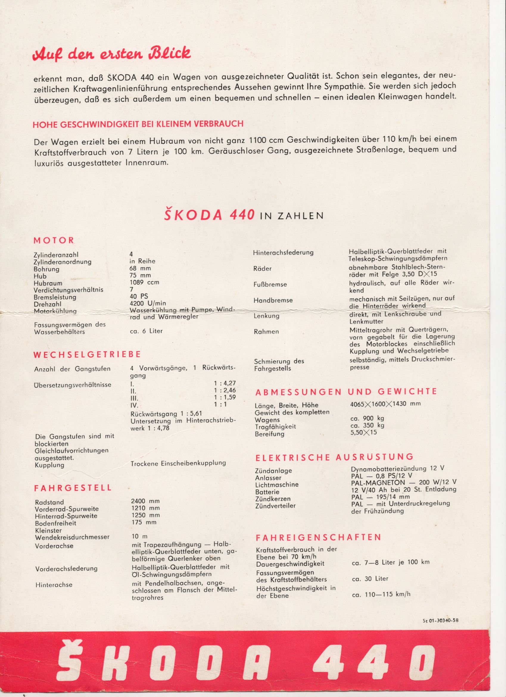 Reklame Faltblatt Skoda 440 Oldtimer Motokov 1958 