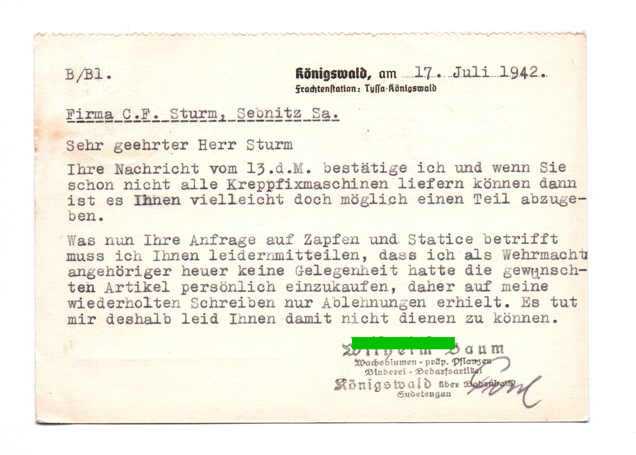 Postkarte Wachsblumen präparierte Pflanzen Binderei Königswald Sudetengau 1942 Postkarte Wachsblumen präparierte Pflanzen Binderei Königswald Sudetengau 1942