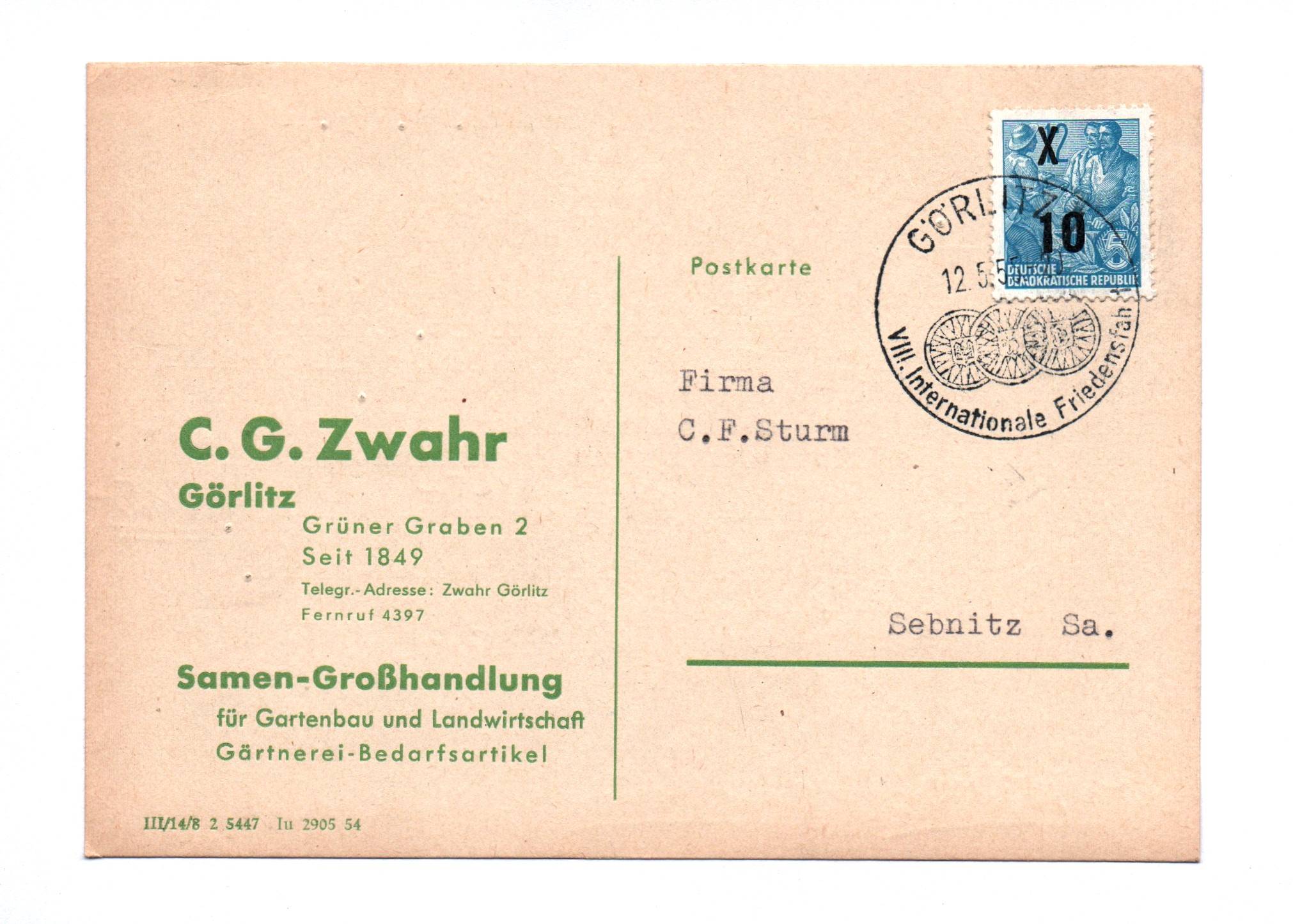Postkarte Samen Großhandlung für Gartenbau Landwirtschaft 1955 Zwahr Görlitz Postkarte Samen Großhandlung für Gartenbau Landwirtschaft 1955 Zwahr Görlitz