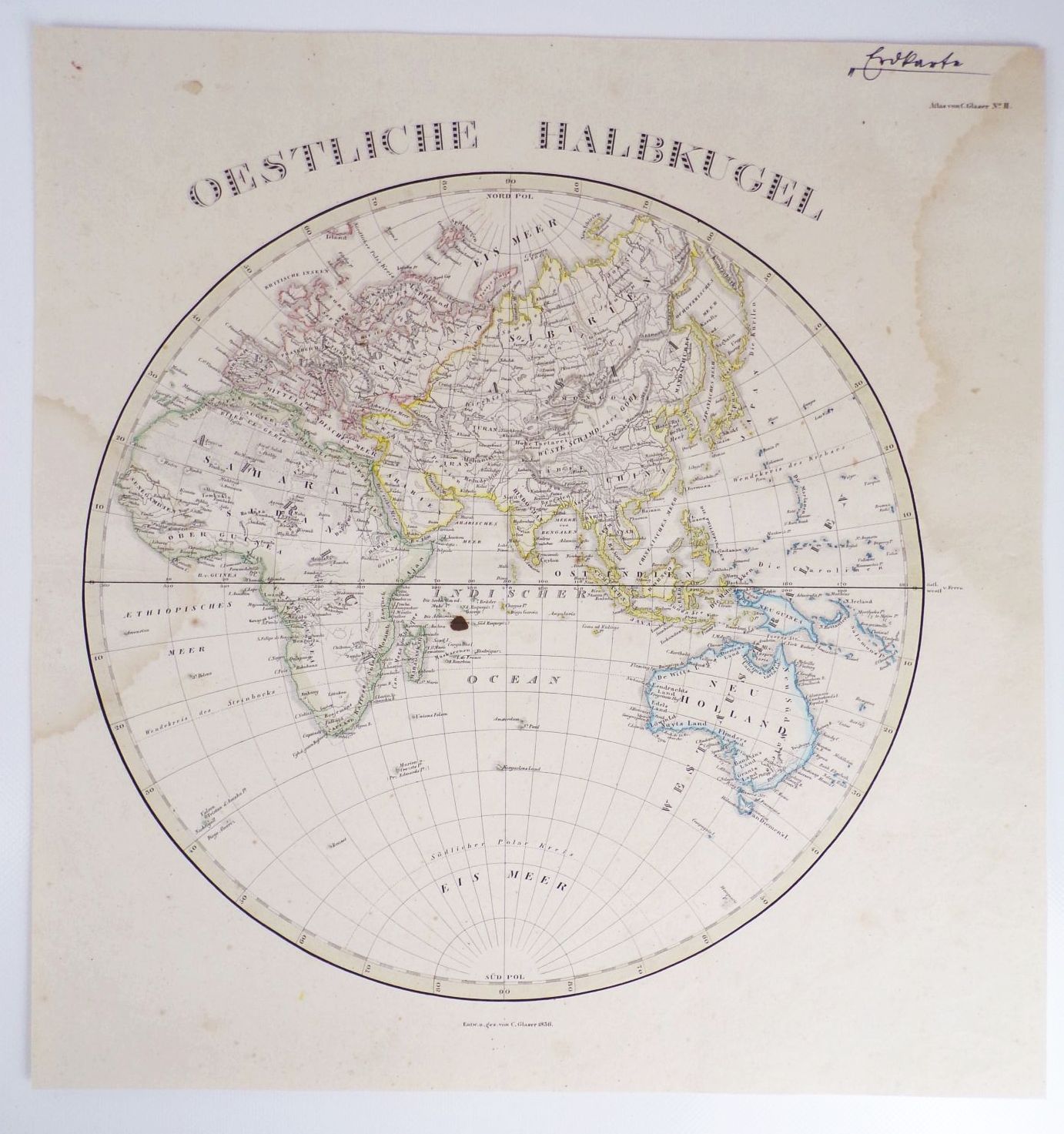 Glaser Stahlstich Östliche Halbkugel 1836 koloriert Druck 