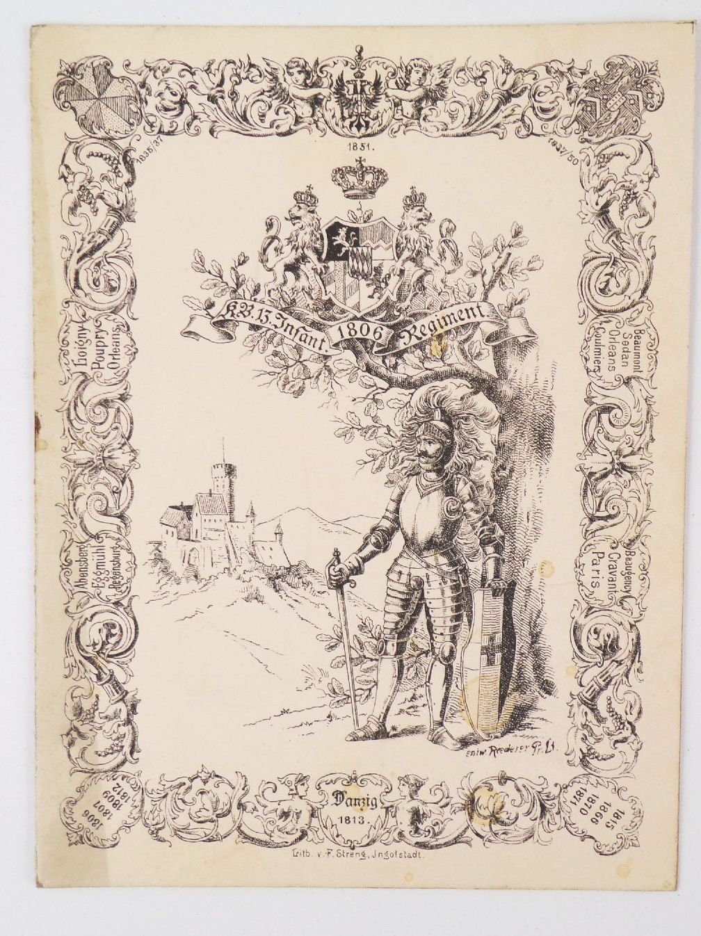 Alte Litho Speisekarte kgl bayerisches 13 Infanterie Regiment Ingolstadt Menü Karte 