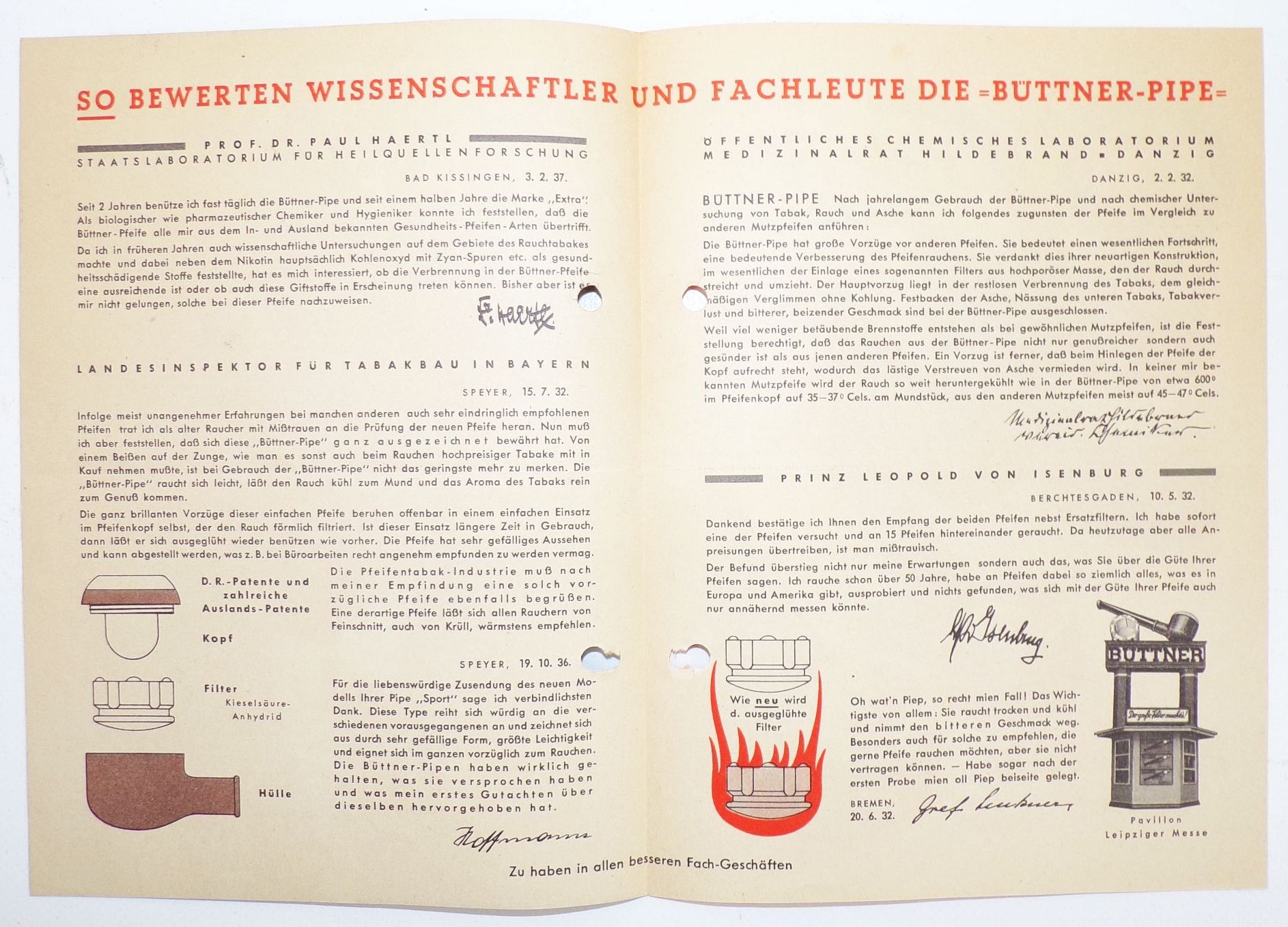 Prospekt Büttner Pipe Pfeife Raucher 1930er 