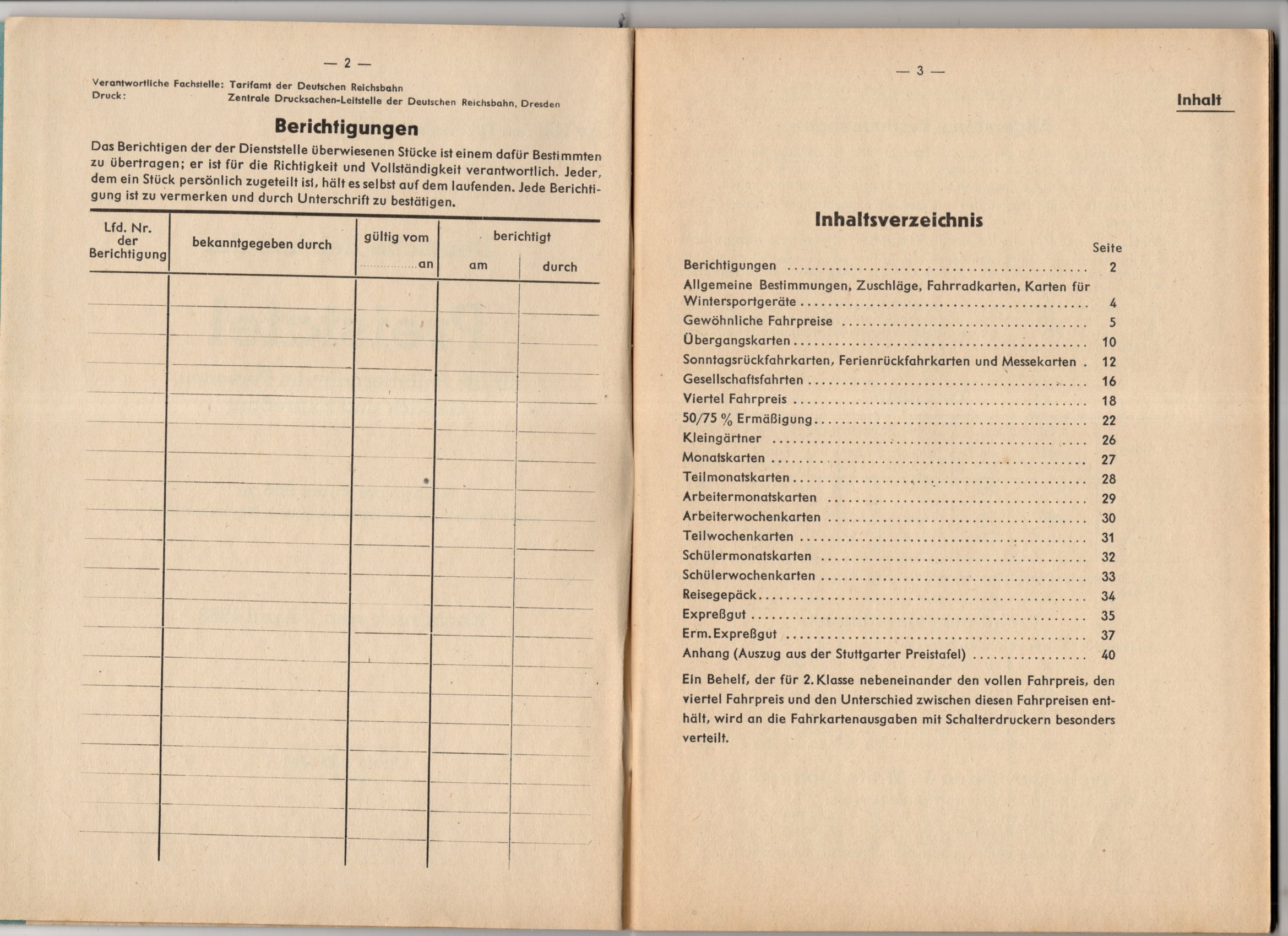 Deutsche Reichsbahn Preistafel 1956 1963 